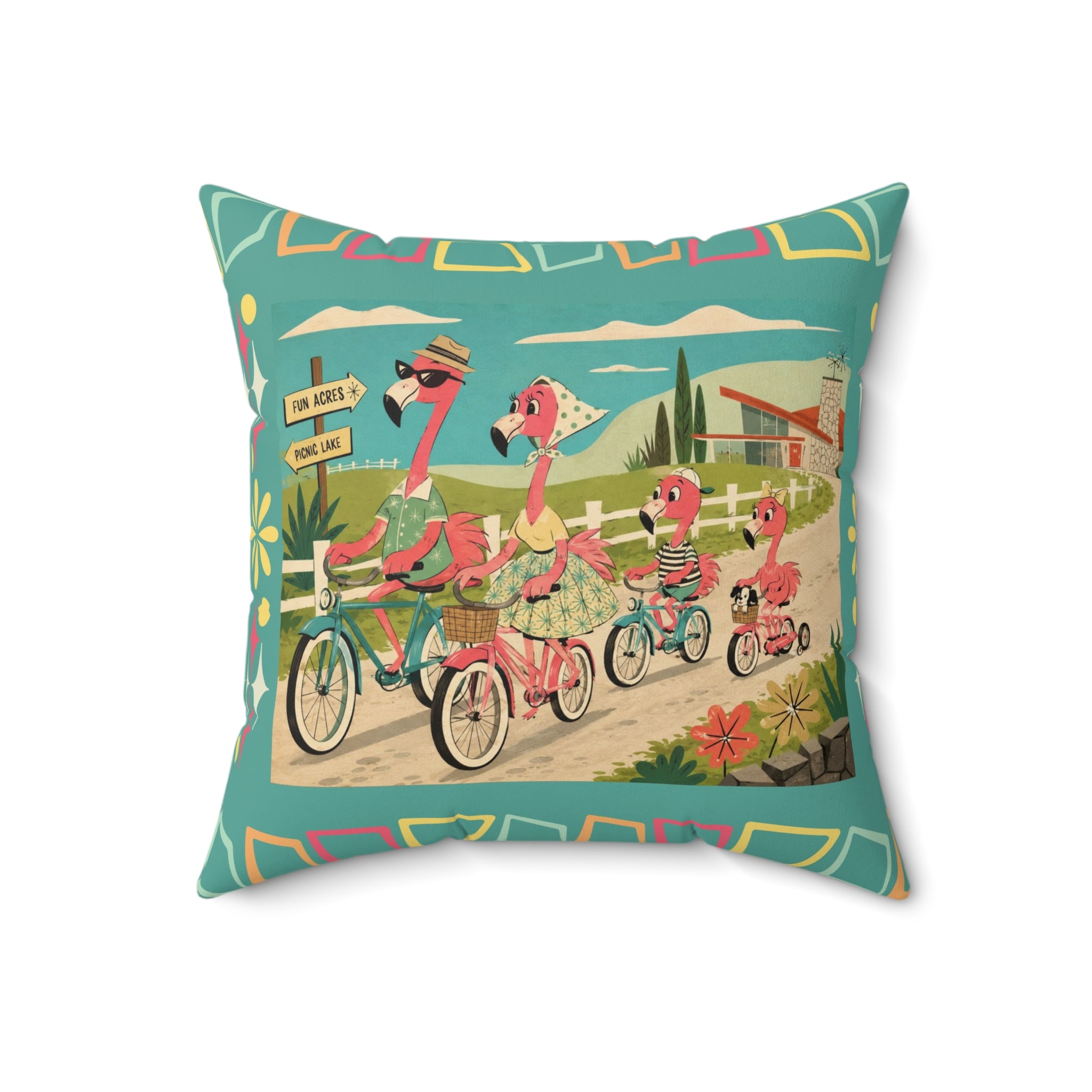 MCM Flamingo Family Biking Spun Polyester Pillow | Retro Tropical Bicycle Scene