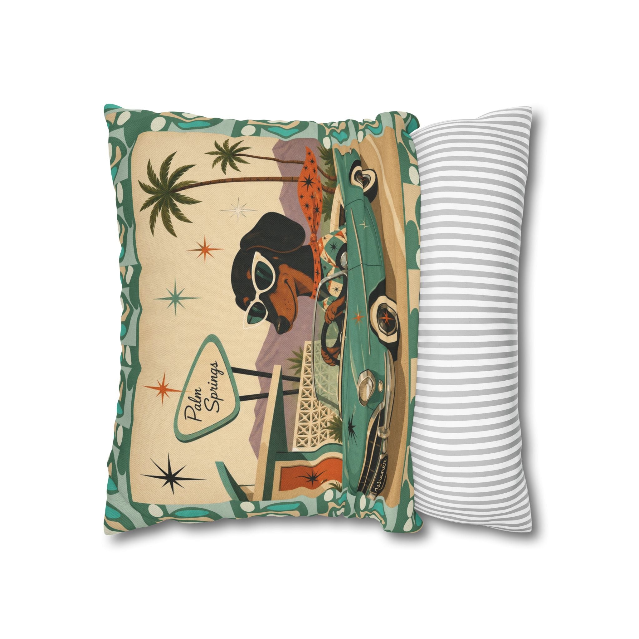 Retro Dachshund Driving Convertible Pillowcase | Palm Springs Vintage Car - COVER ONLY