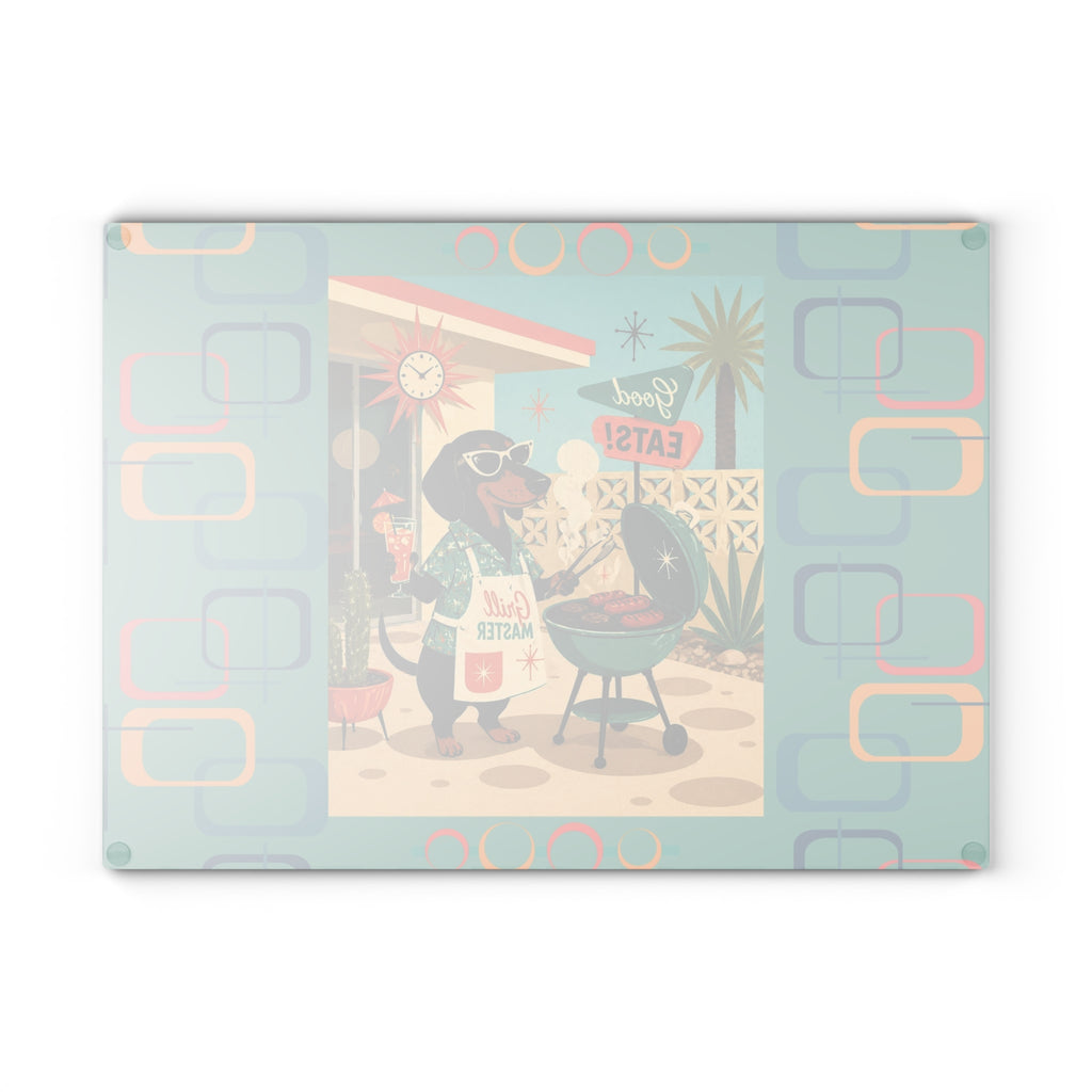 Retro Dachshund BBQ Glass Cutting Board | Mid Century Grill Dog Kitchen Decor