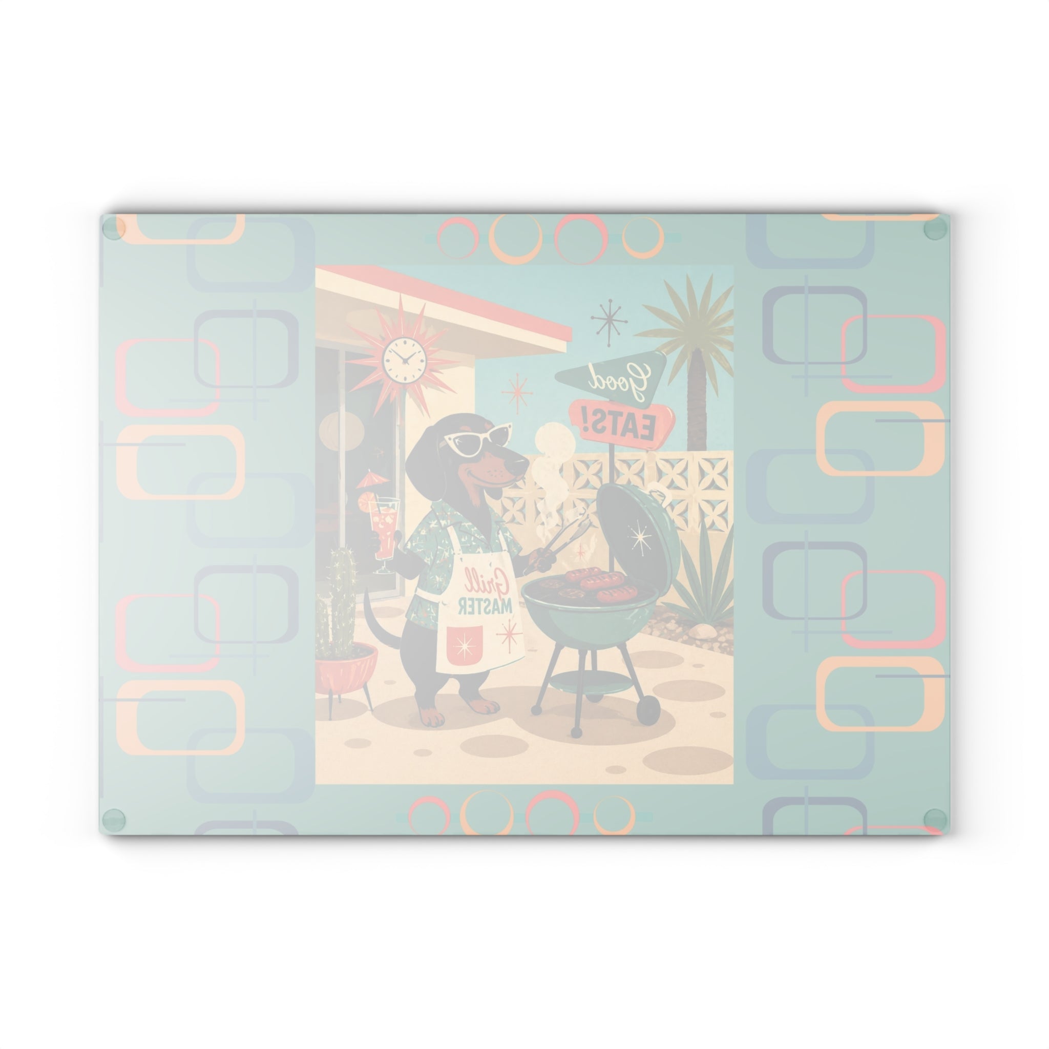 Retro Dachshund BBQ Glass Cutting Board | Mid Century Grill Dog Kitchen Decor