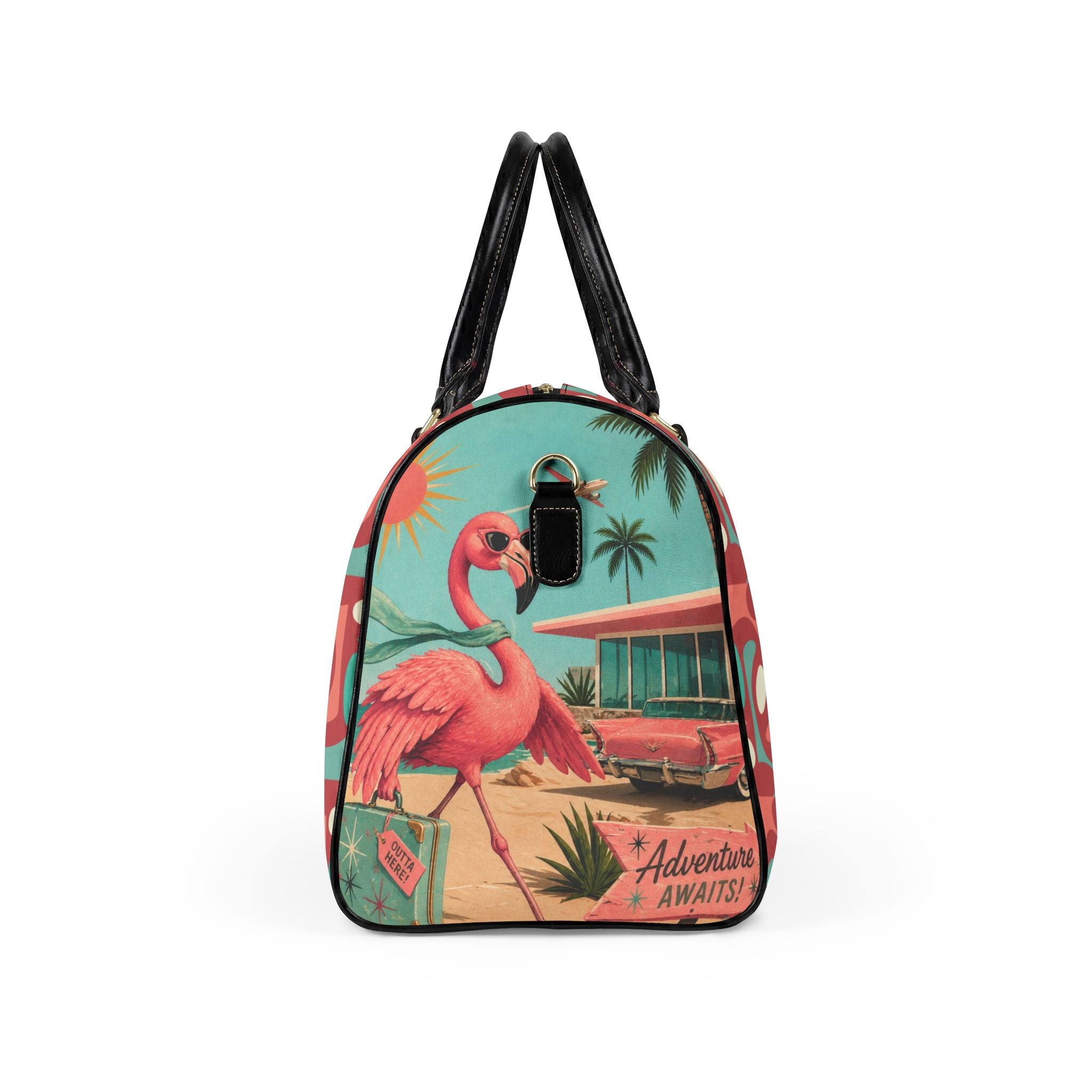 Retro Flamingo fly away Beach Duffle Faux Leather Travel Bag | Vintage Tiki Roadtrip