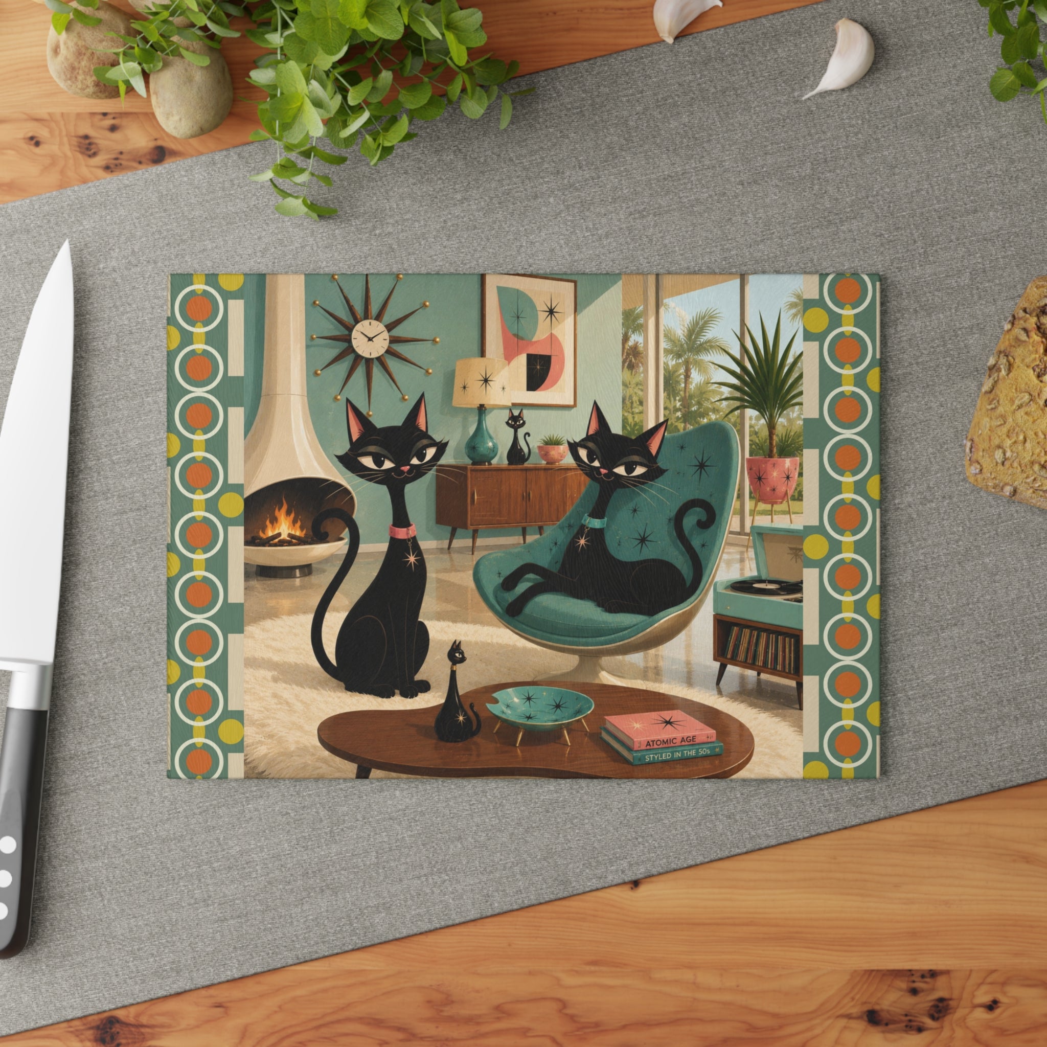 Mid Century Black Atomic Cats Glass Cutting Board | Retro Living Room Art
