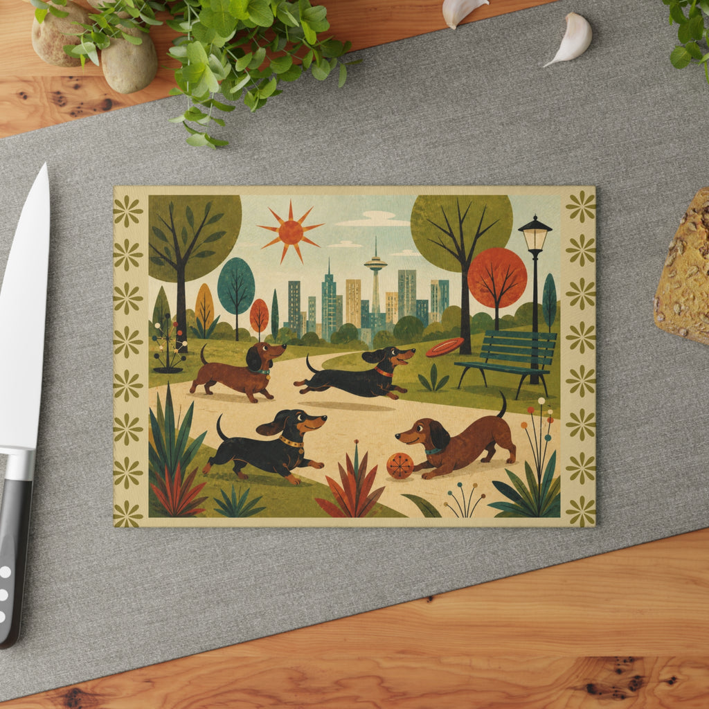 MCM Dachshund Park Scene Glass Cutting Board | Sausage Dog Illustration