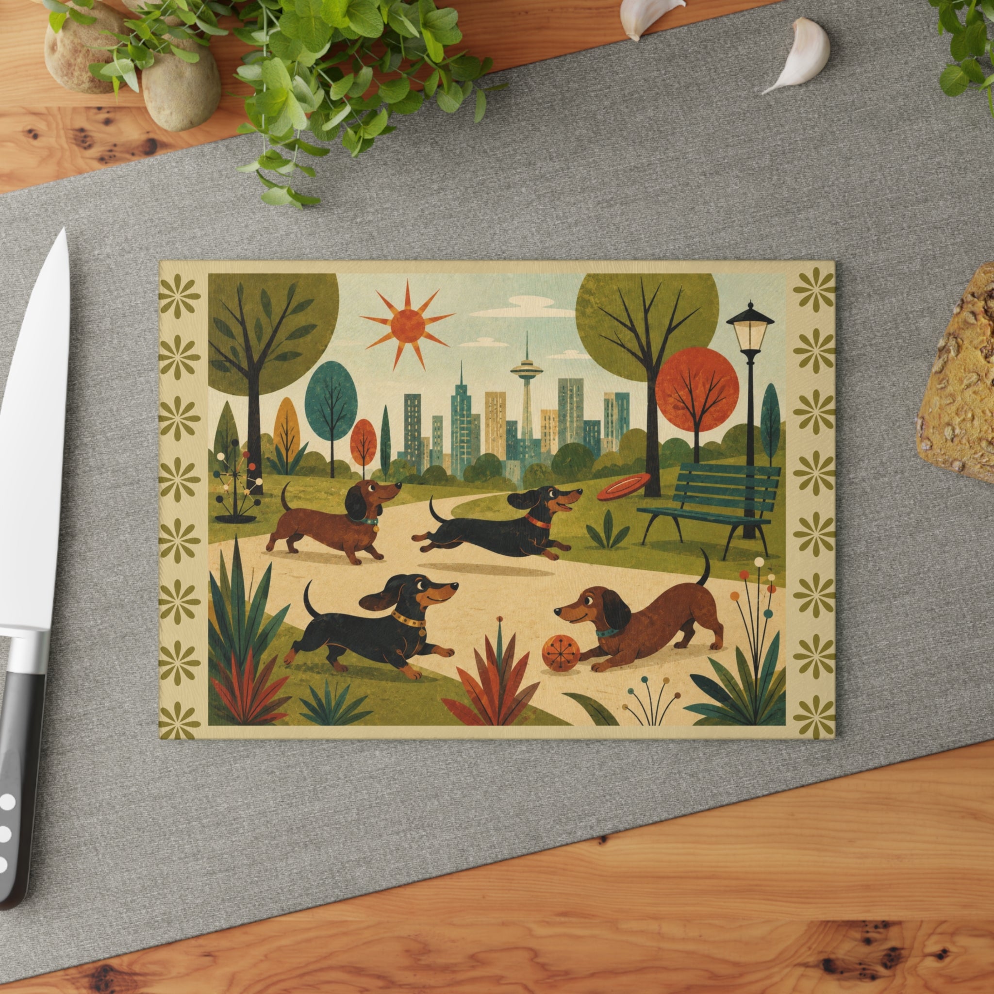 MCM Dachshund Park Scene Glass Cutting Board | Sausage Dog Illustration
