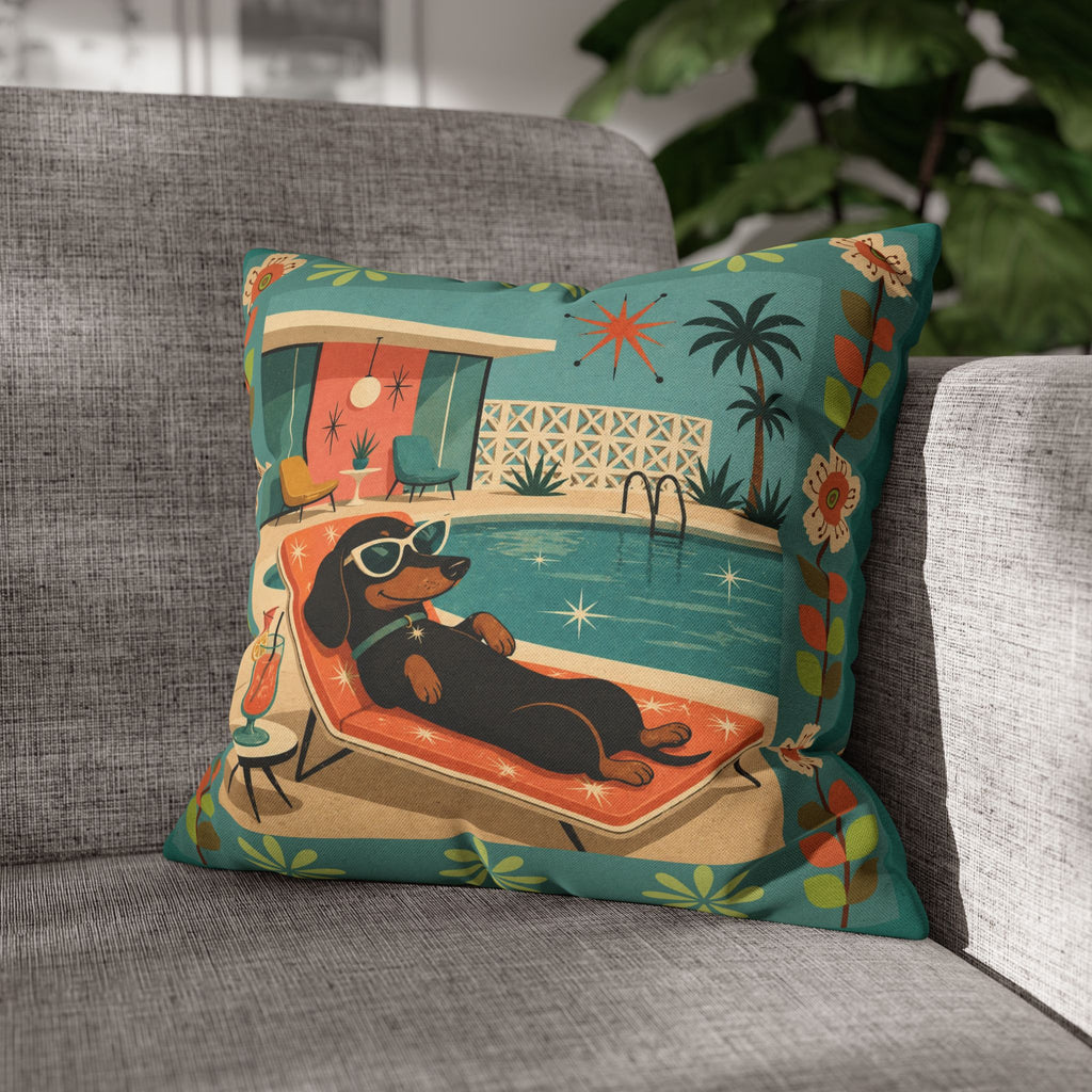 Retro Dachshund Pool Lounge Pillowcase | Square Pillowcase - COVER ONLY - Indoor Use