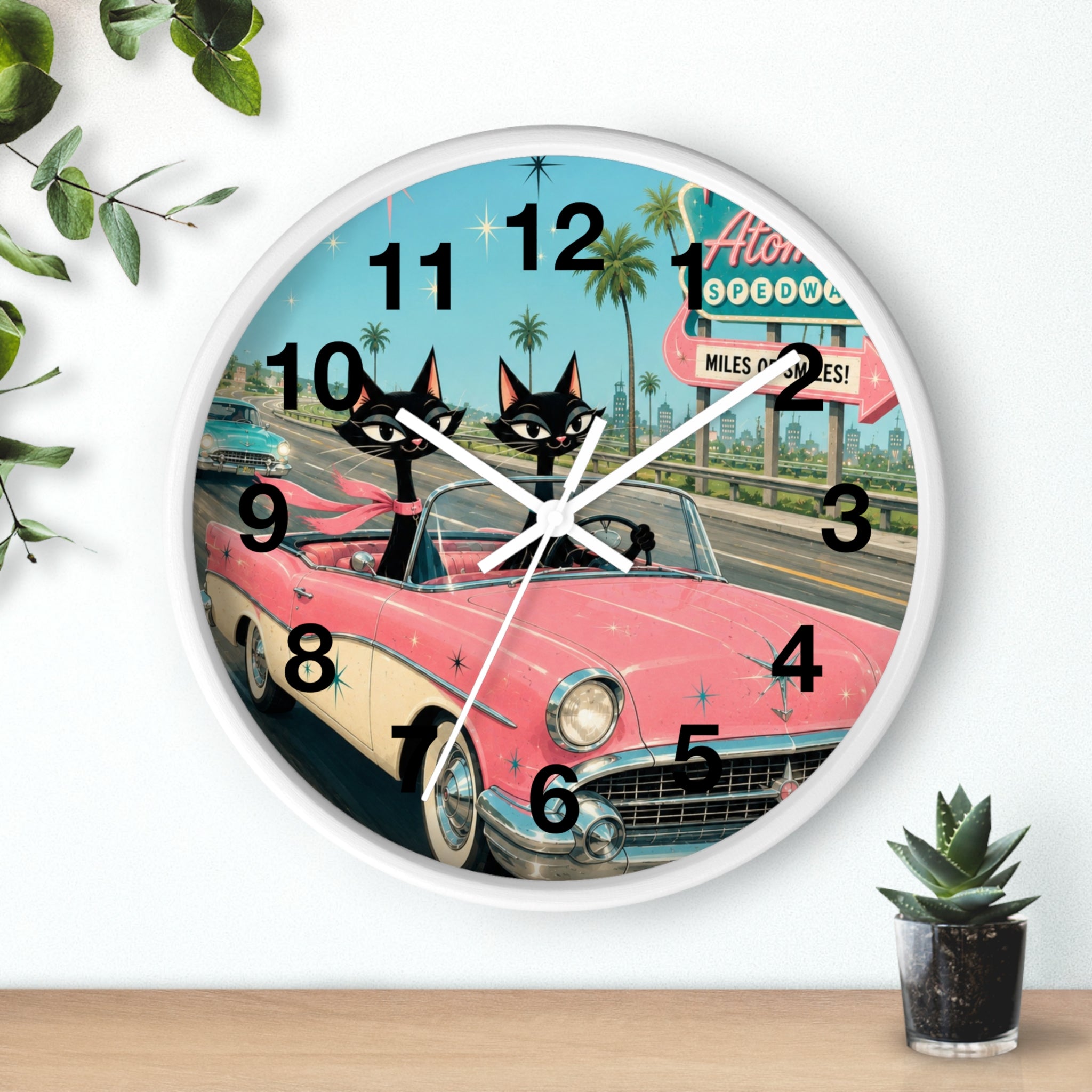 Retro Atomic Cat Roadtrip Wall Clock | Vintage Pink Convertible, Palm Trees