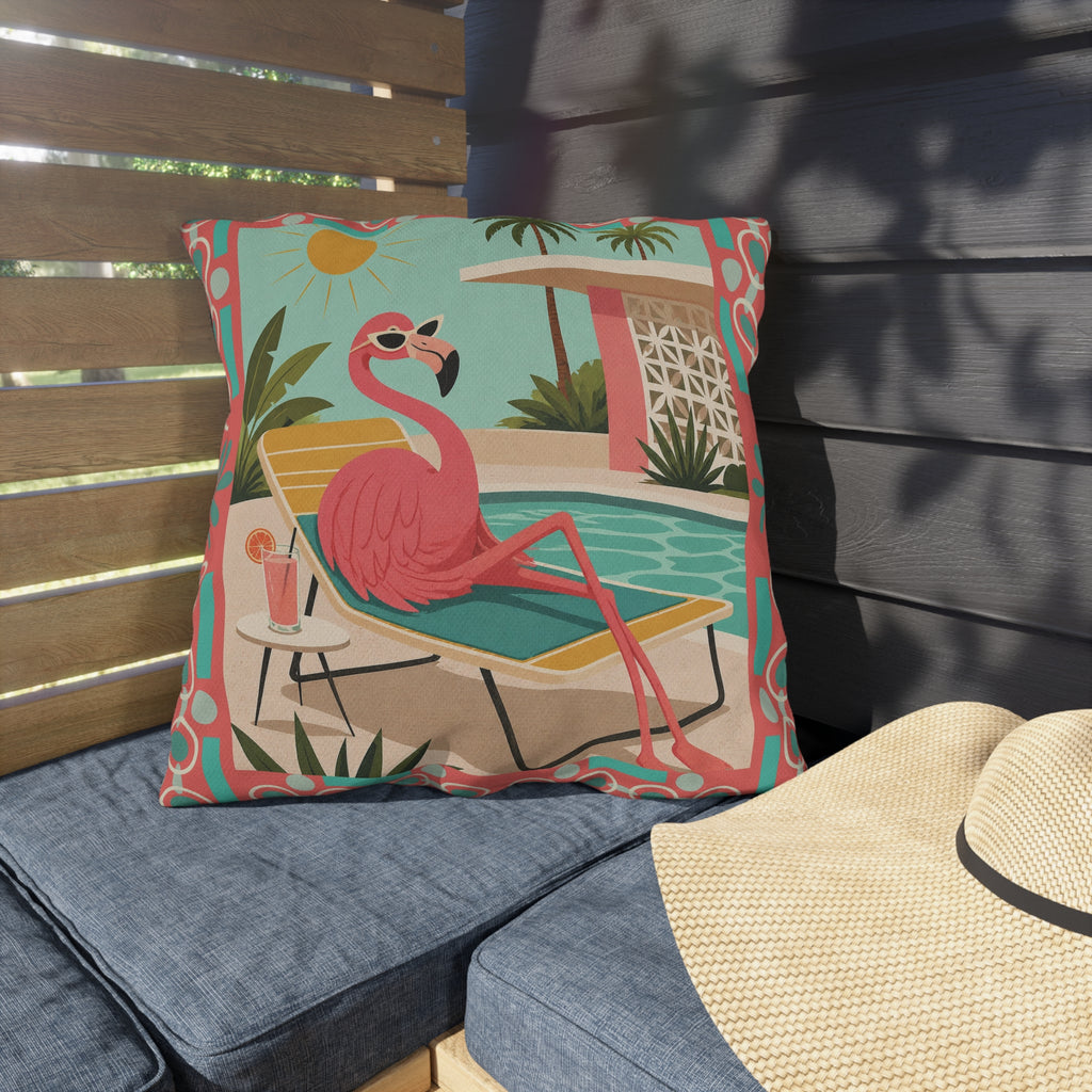 MCM Pink Flamingo Poolside Outdoor Pillow | Retro Mid Century Tropical