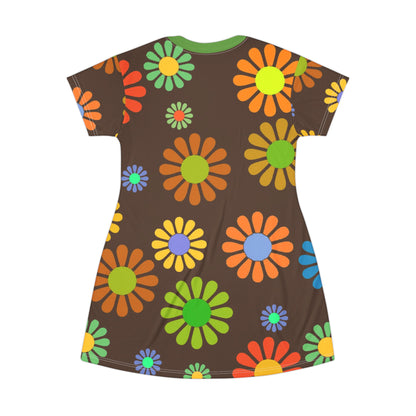 Hippie flowers retro Groovy T-Shirt Dress, retro party, summer beach dress, flower power dress