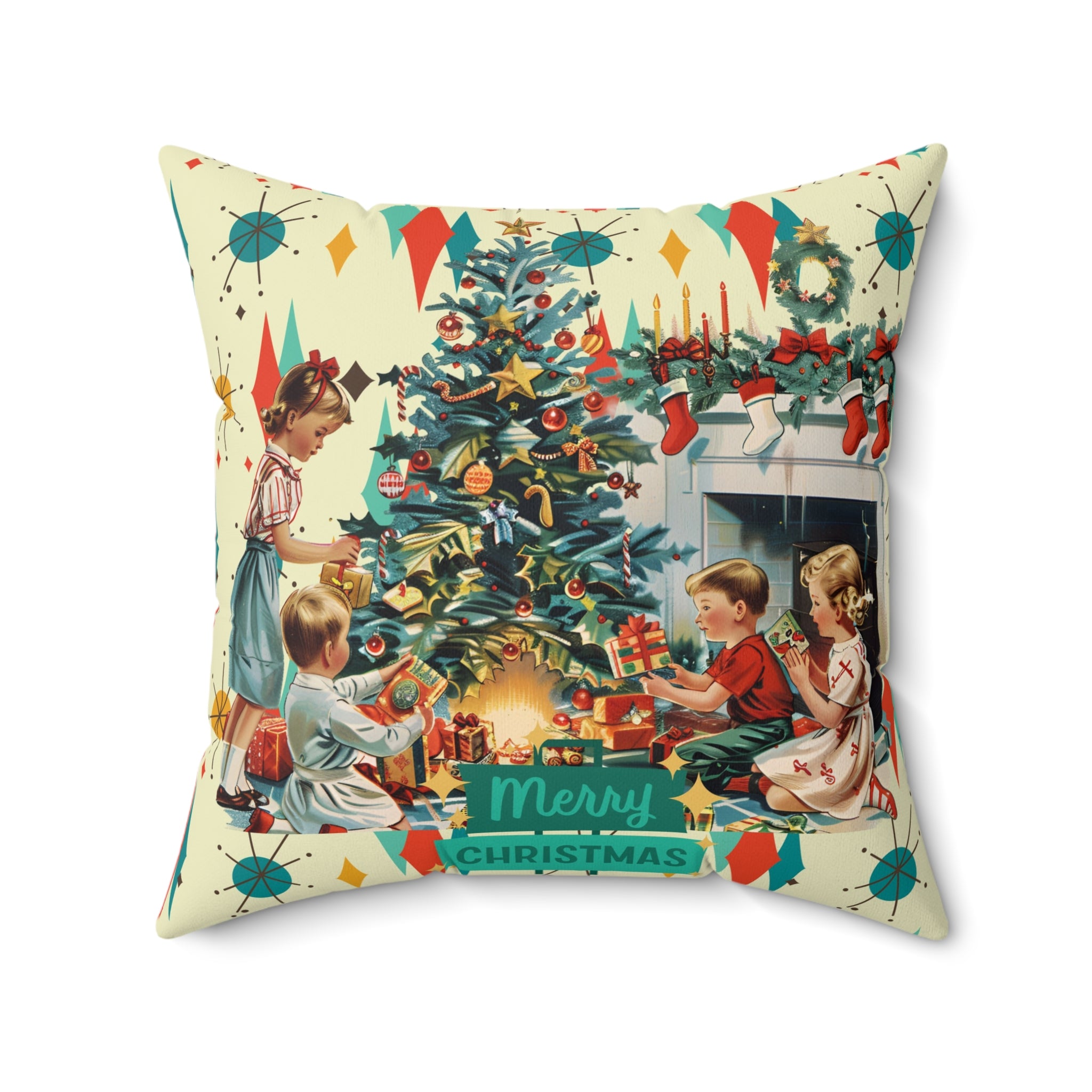 Merry Christmas pillow, Retro Vintage 50s Franciscan Diamond Starburst Kitsch Christmas Card Art Pillow, Retro Vintage 50s scatter cushion