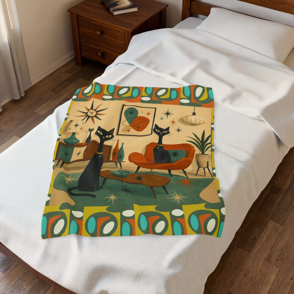 Mid Century Retro Atomic Black Cats Velveteen Plush Blanket | Vintage Atomic Living Room