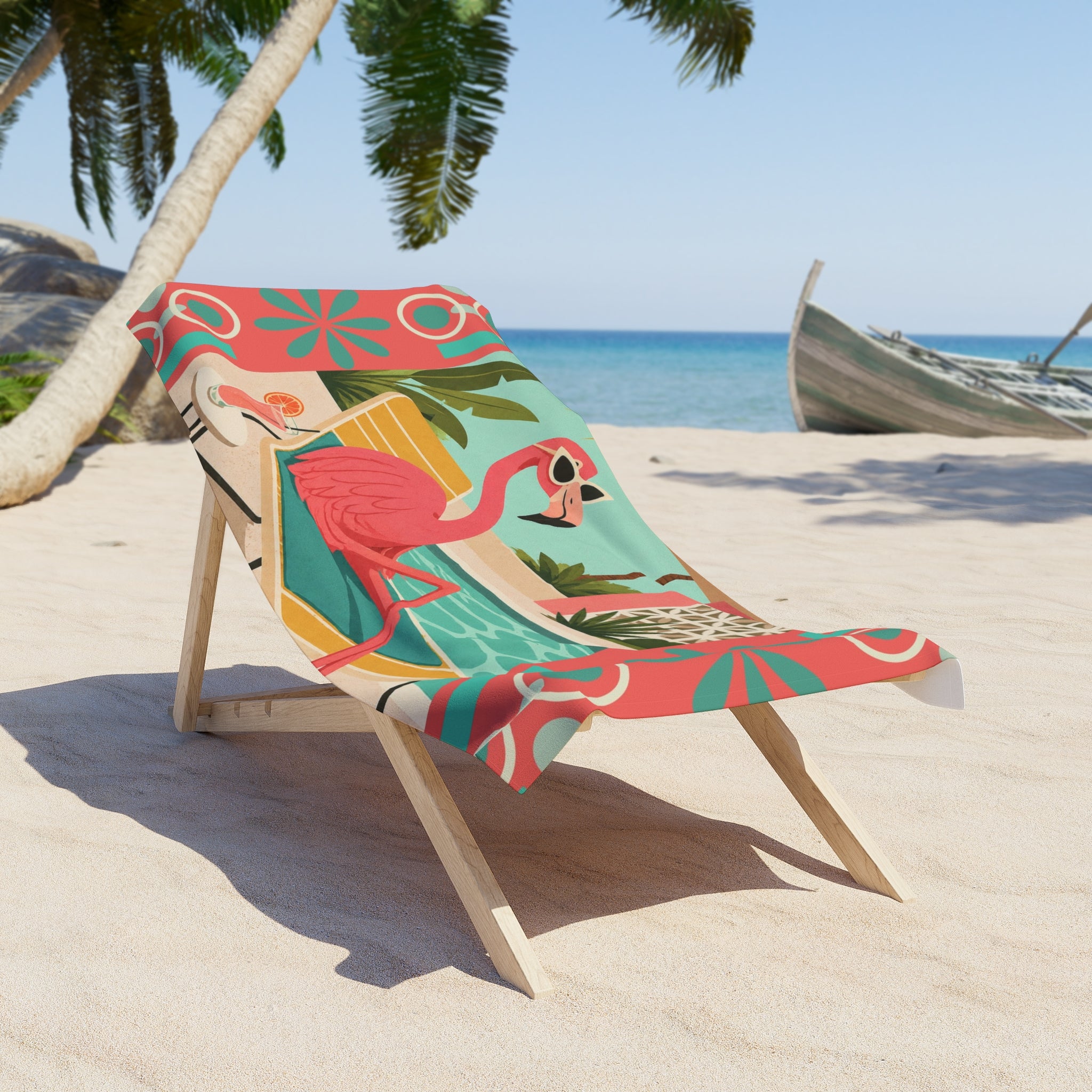 Retro Flamingo Pool Lounge Beach Towel | Tropical Mid Century Resort Vibe