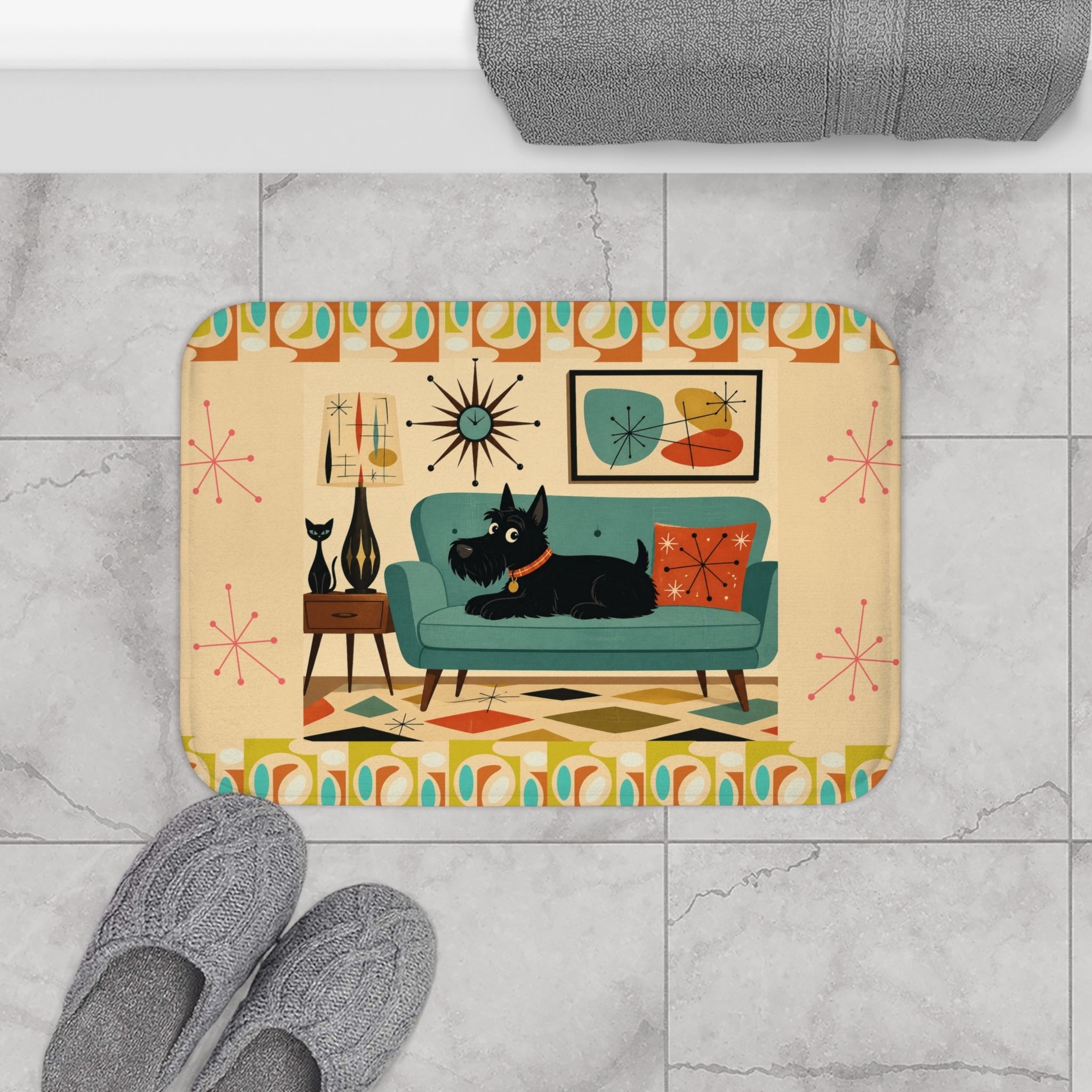 Mid Century Black Scotty Dog on Couch Bath Mat | Retro Atomic Living Room