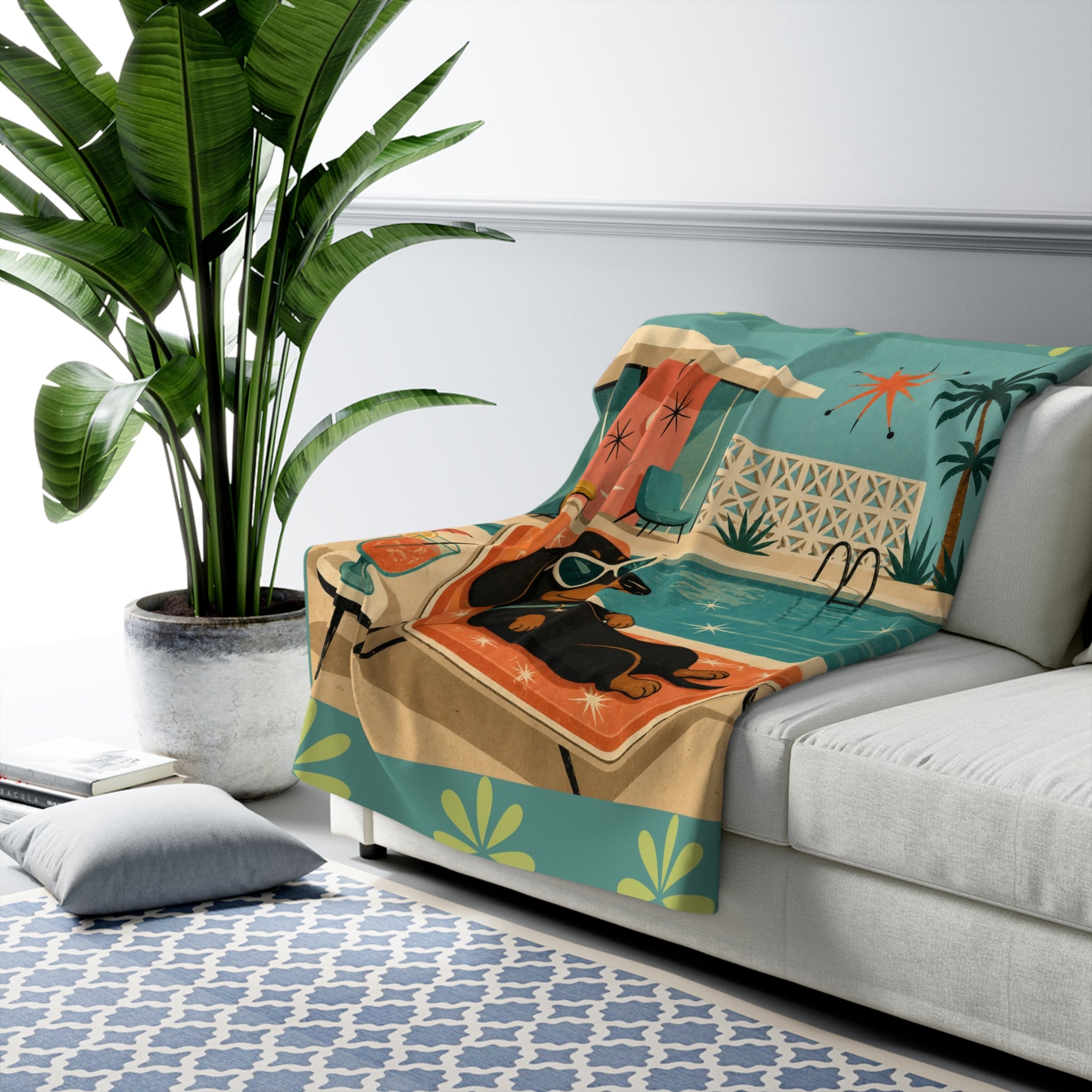 Retro Dachshund Poolside Lounge Sherpa Fleece Blanket | Mid Century Dog Summer