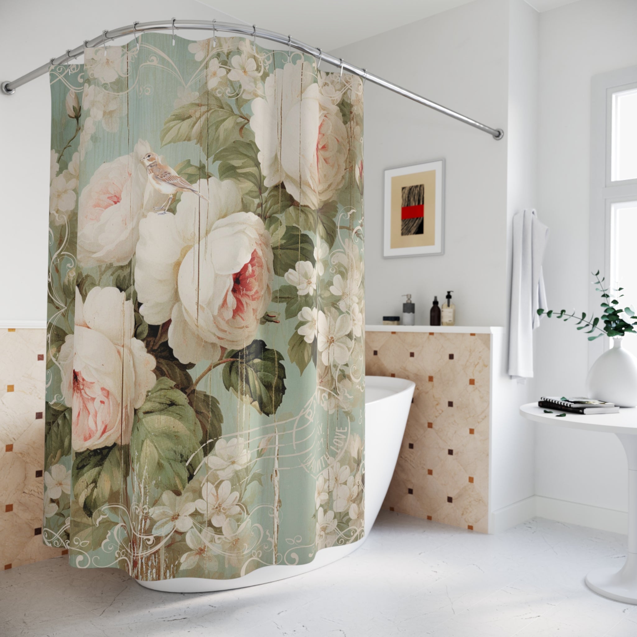 Large pink roses shabby chic style Shower Curtain, bathroom decor, French vintage inspired, country cottage, farmhouse