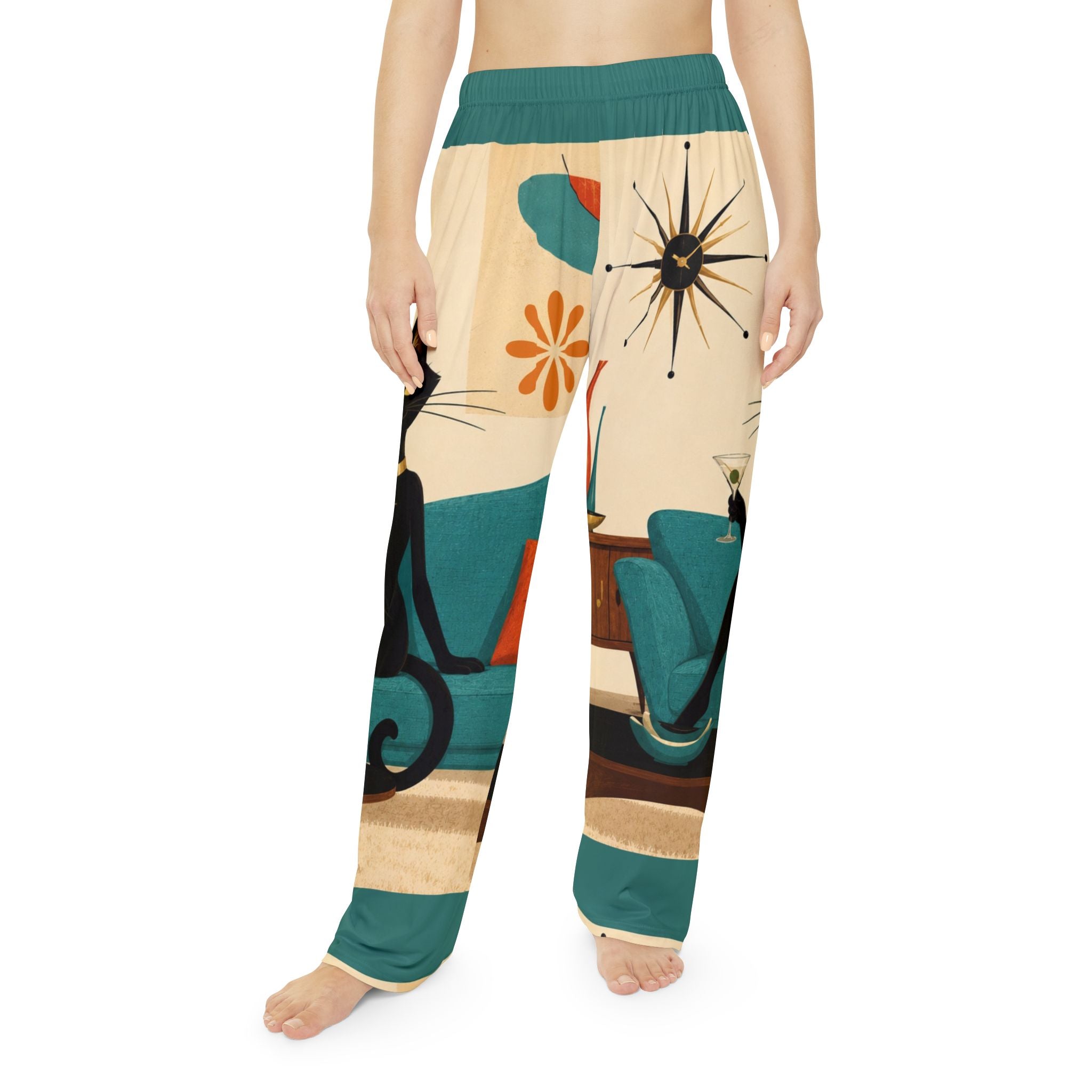 Mid-Century Atomic Black Cat Illustration Pajama Pants | Retro Living Room Print