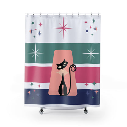 Atomic cat pink teal blue retro Shower Curtain, MCM bathroom, bathtub, Mid Century Modern, 50s 60s inspired, kitschy, black cat lover gift