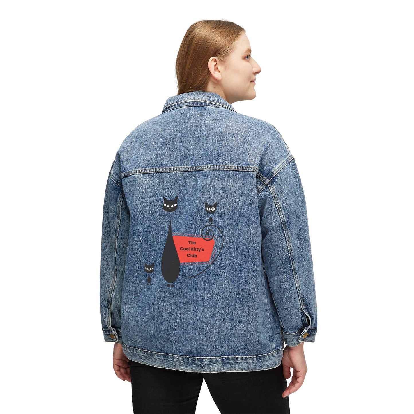 The cool kitty's club Atomic cat retro style Women's Denim Jacket. Mid Century Modern, Black cat lover jacket