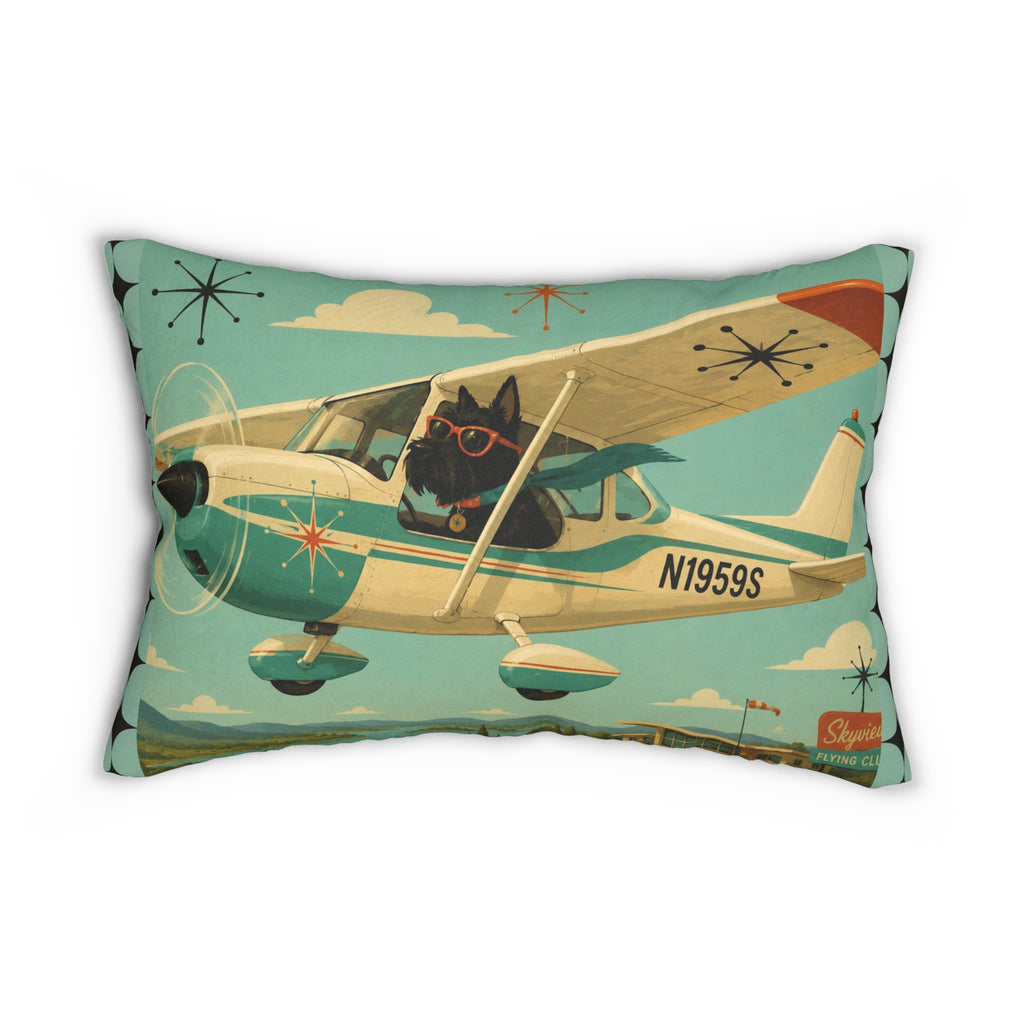 Retro Pilot Scotty dog lumbar pillow | airplane illustration, teal mid-century design