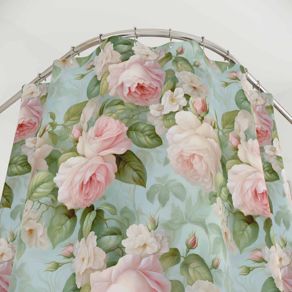 Stunning Pink Rose Garden Shower Curtain with Delicate White Accents, stall, bathtub, vintage roses, floral curtain