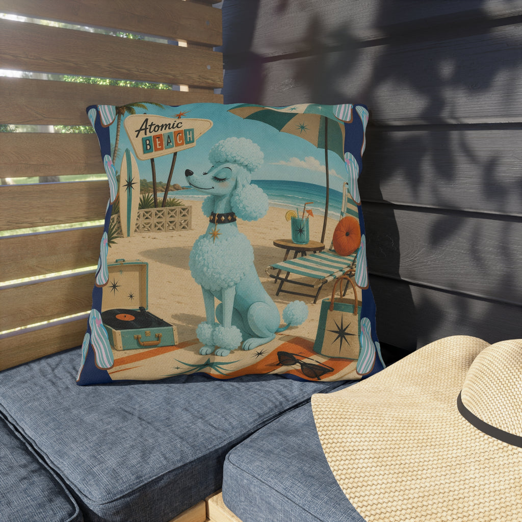 Retro Atomic Beach Blue Poodle Outdoor Pillow | Mid Century Coastal Decor