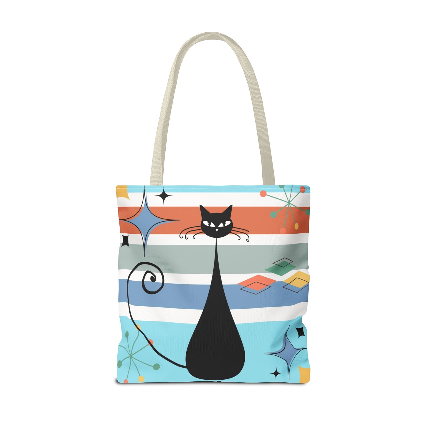 Atomic cat retro tote bag, black cat lover, mid century modern tote carry bag