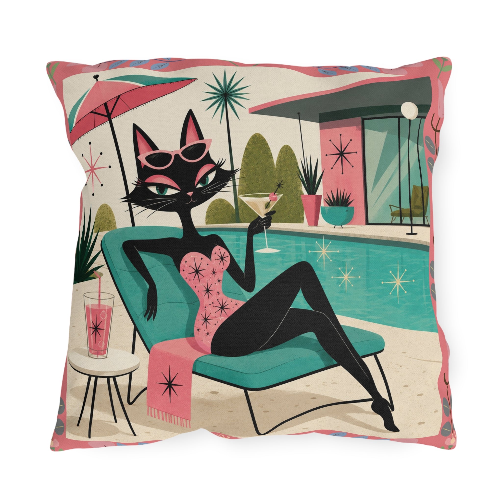 Retro Poolside Cat Outdoor Pillow | Mid Century Modern Cocktail