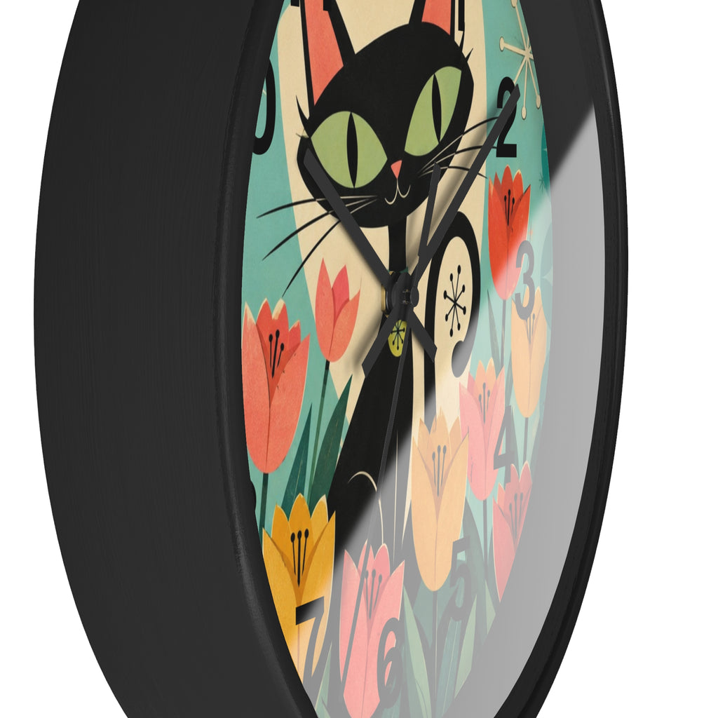 Atomic Black Cat in Tulips Wall Clock | Retro Cat Illustration, Spring Floral