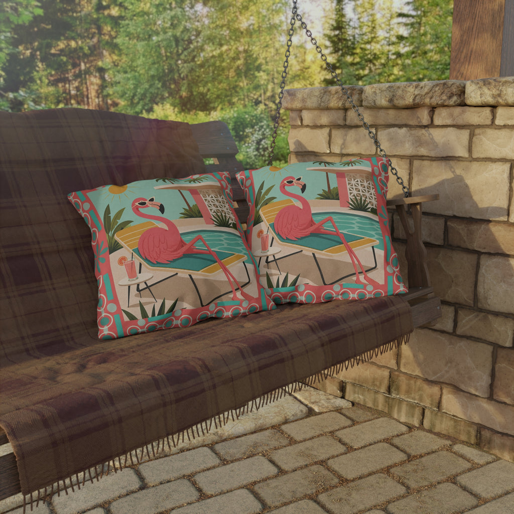 MCM Pink Flamingo Poolside Outdoor Pillow | Retro Mid Century Tropical