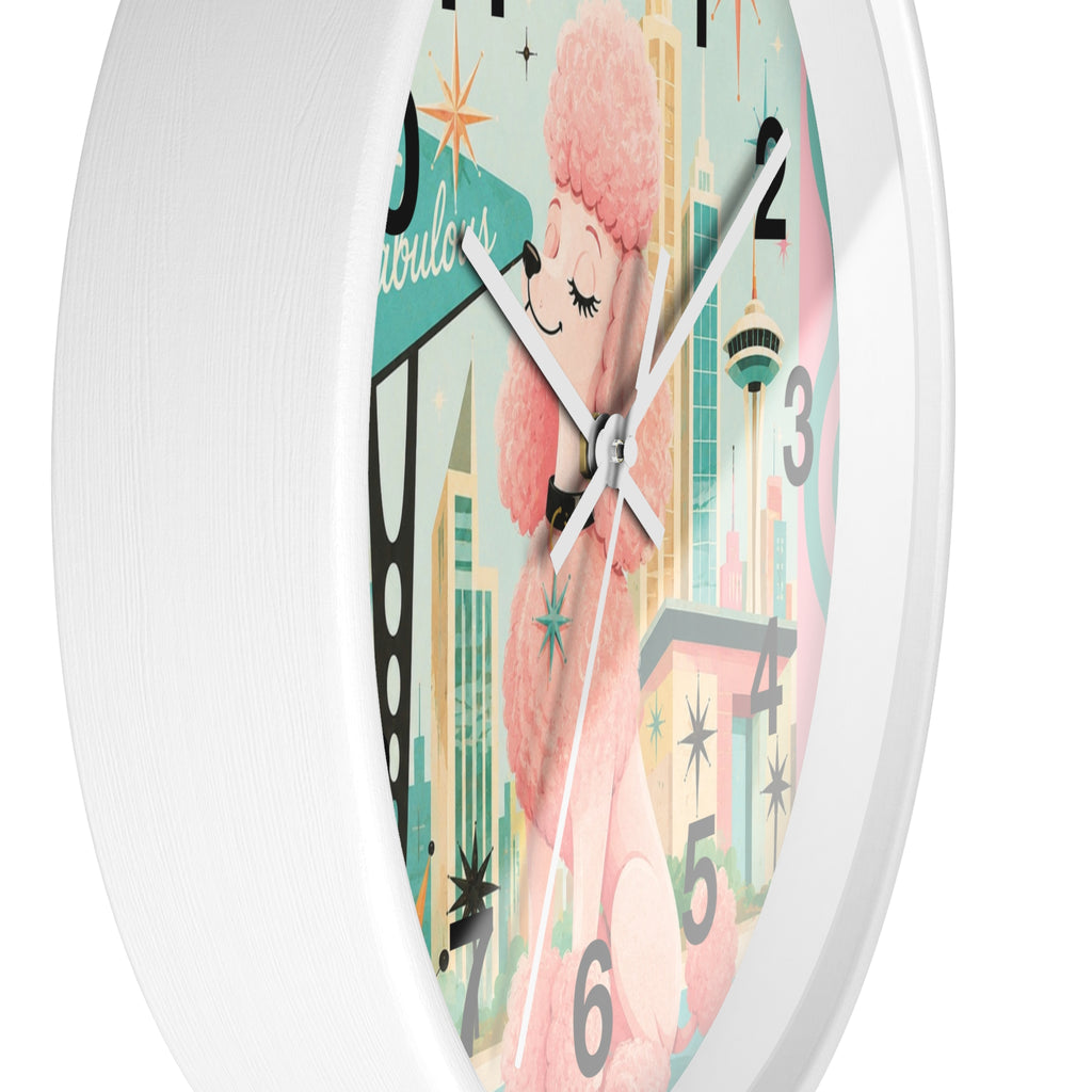 Pink Retro Poodle Wall Clock | Mid Century Atomic City Scene