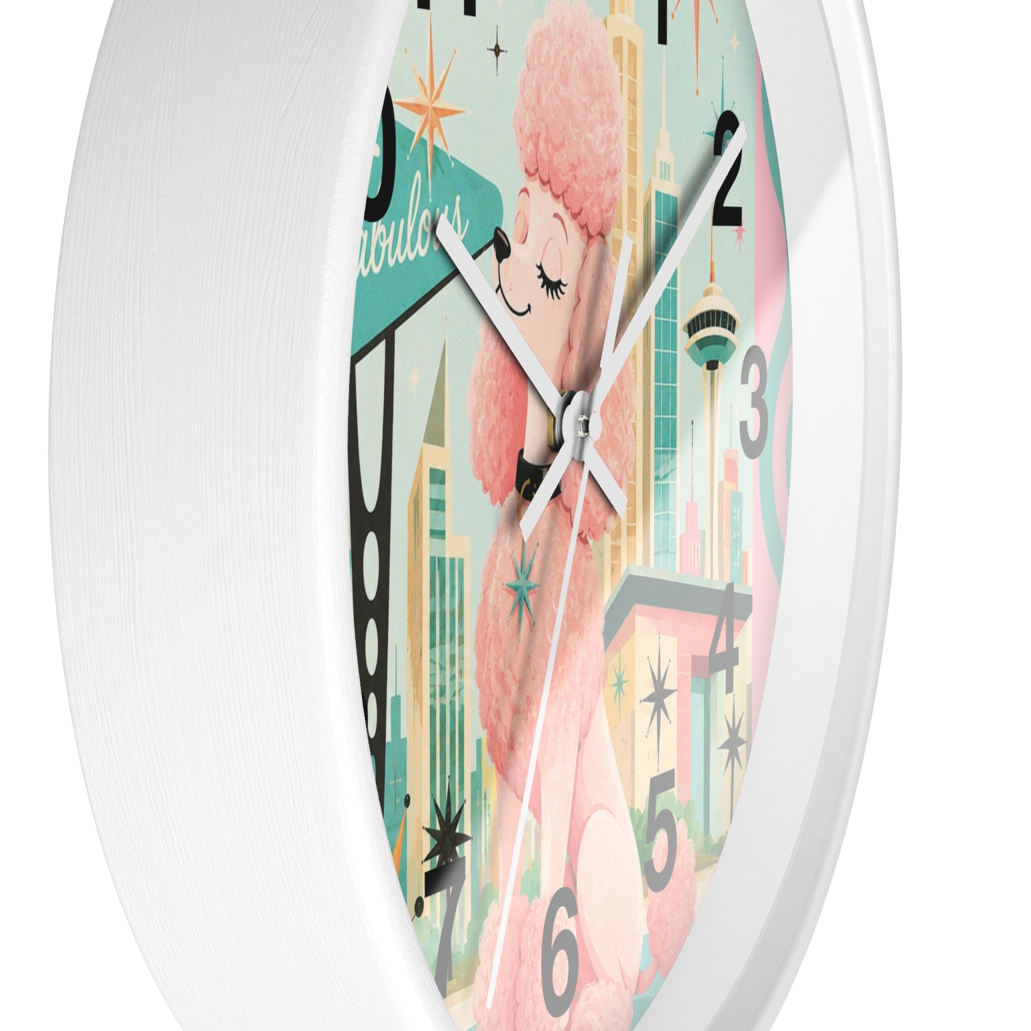 Pink Retro Poodle Wall Clock | Mid Century Atomic City Scene