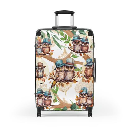 Cute Owl Suitcase on wheels, hard shell travel luggage secure and lockable for holidays, weekend, carry on suitcase