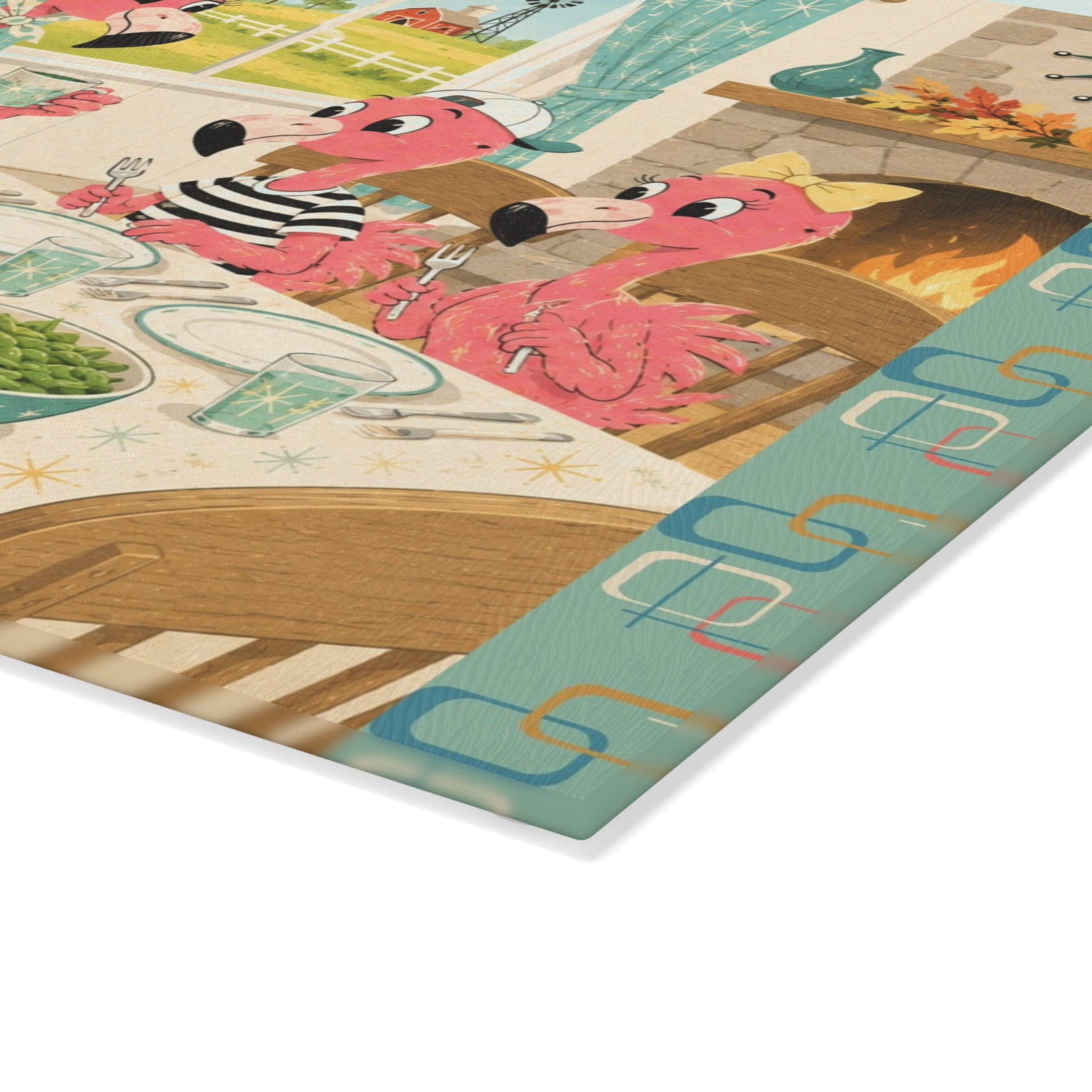 MCM Flamingo Family Thanksgiving Glass Cutting Board | Holiday Kitchen Decor