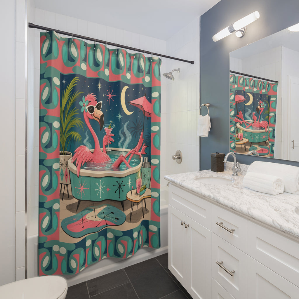 Retro Flamingo MCM Cocktail Shower Curtain | Mid Century Tiki Bathroom