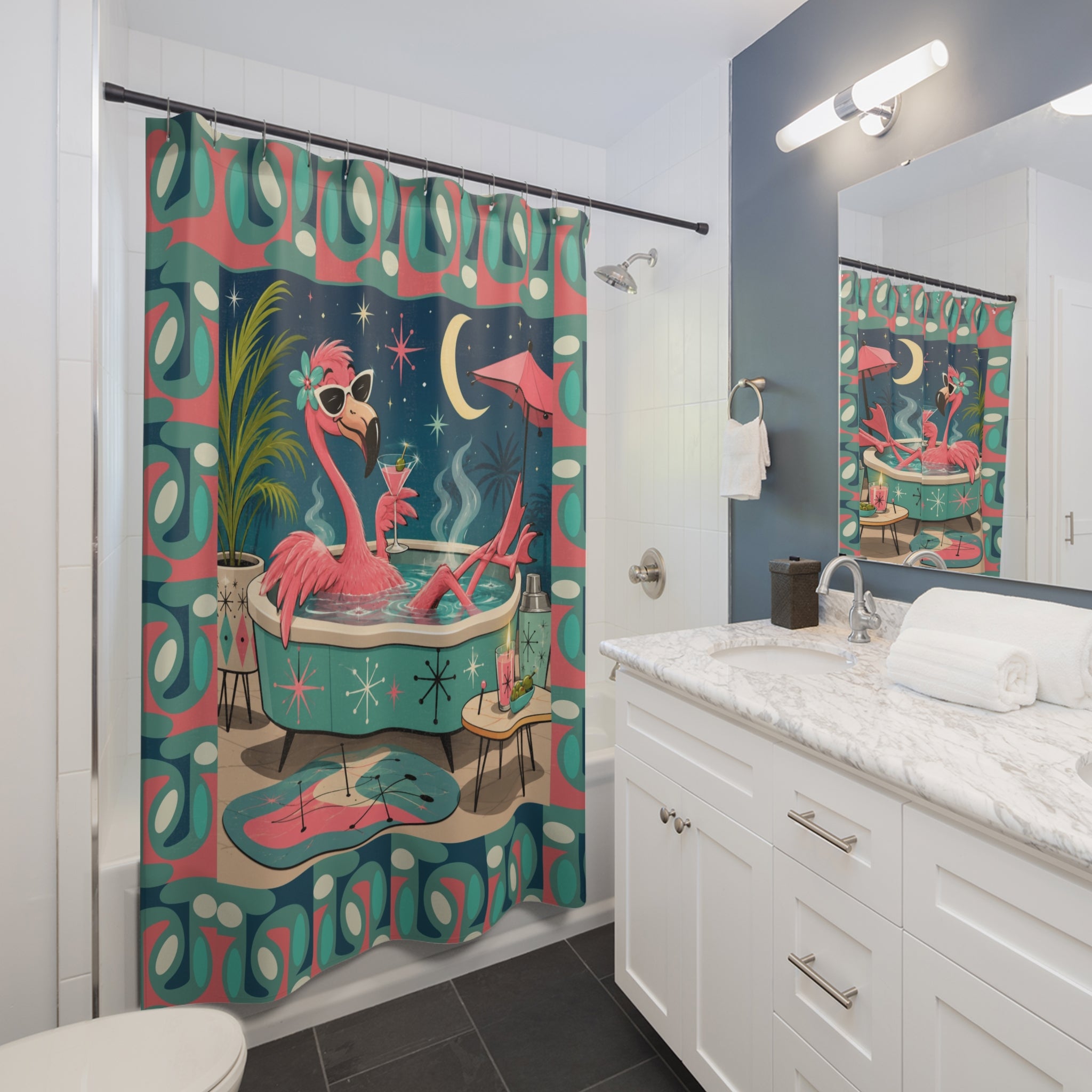Retro Flamingo MCM Cocktail Shower Curtain | Mid Century Tiki Bathroom