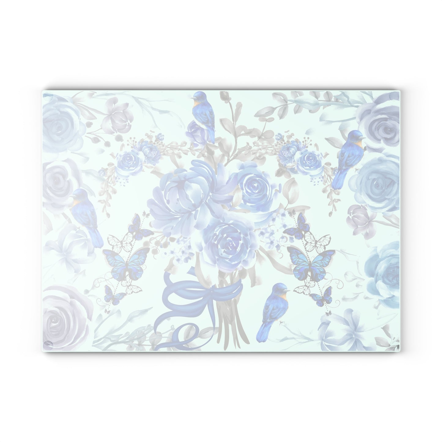 Blue and white, flowers, birds and butterflies, home decor, food preparation Glass Cutting Board