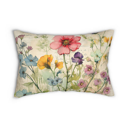 Wildflowers watercolor Shabby chic Polyester Lumbar Pillow, chic living room decor, cottage garden, scatter cushion, support pillow