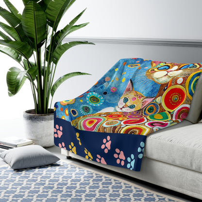 Cute cat art inspired by Klimt Sherpa Fleece Blanket, colorful pattern, cat lover gift, artistic, throw cover, snuggle blanket