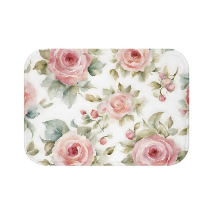 Pink watercolor roses shabby chic Bath Mat, French vintage inspired, non slip mat, bathroom decor, Farmhouse bathmat