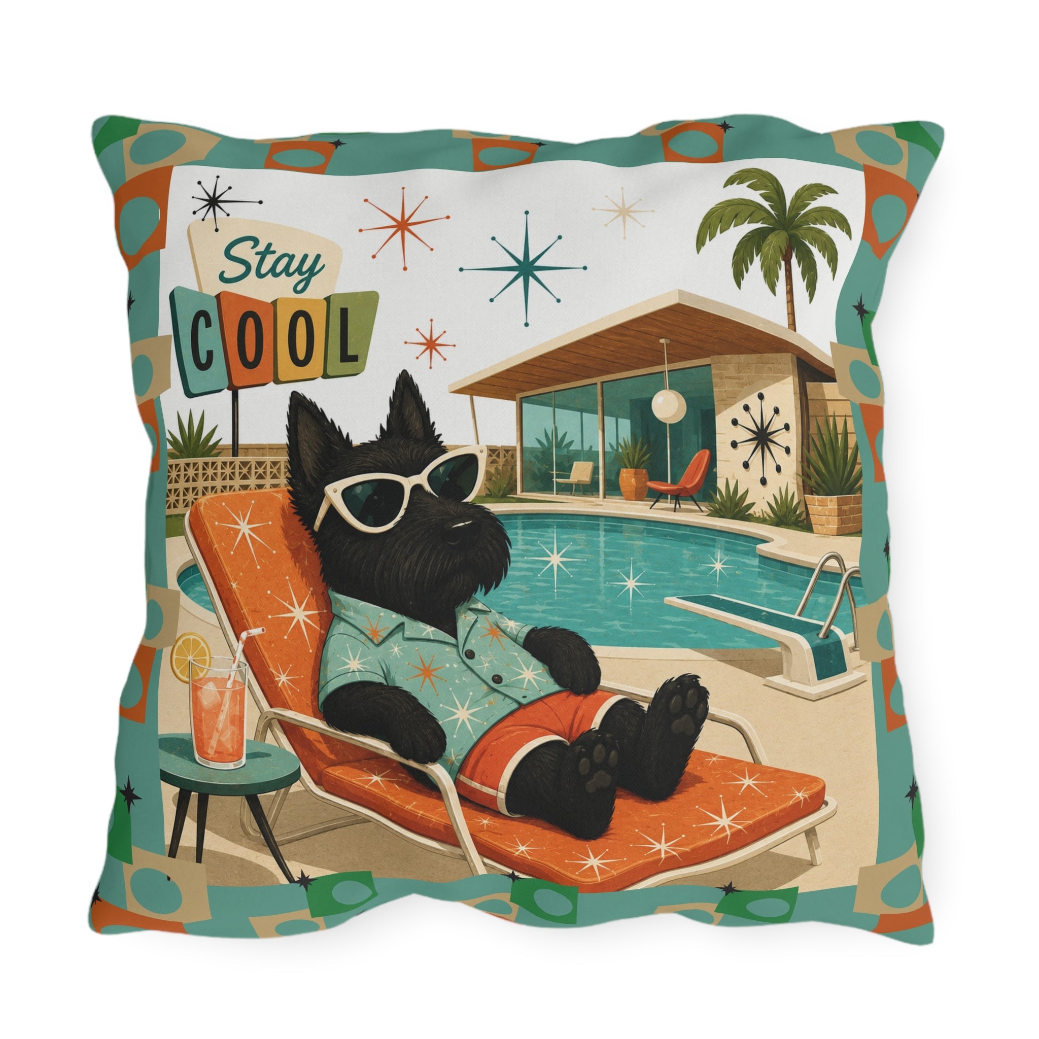 Retro Poolside Scottie Dog Stay Cool Outdoor Pillow | Mid Century Modern