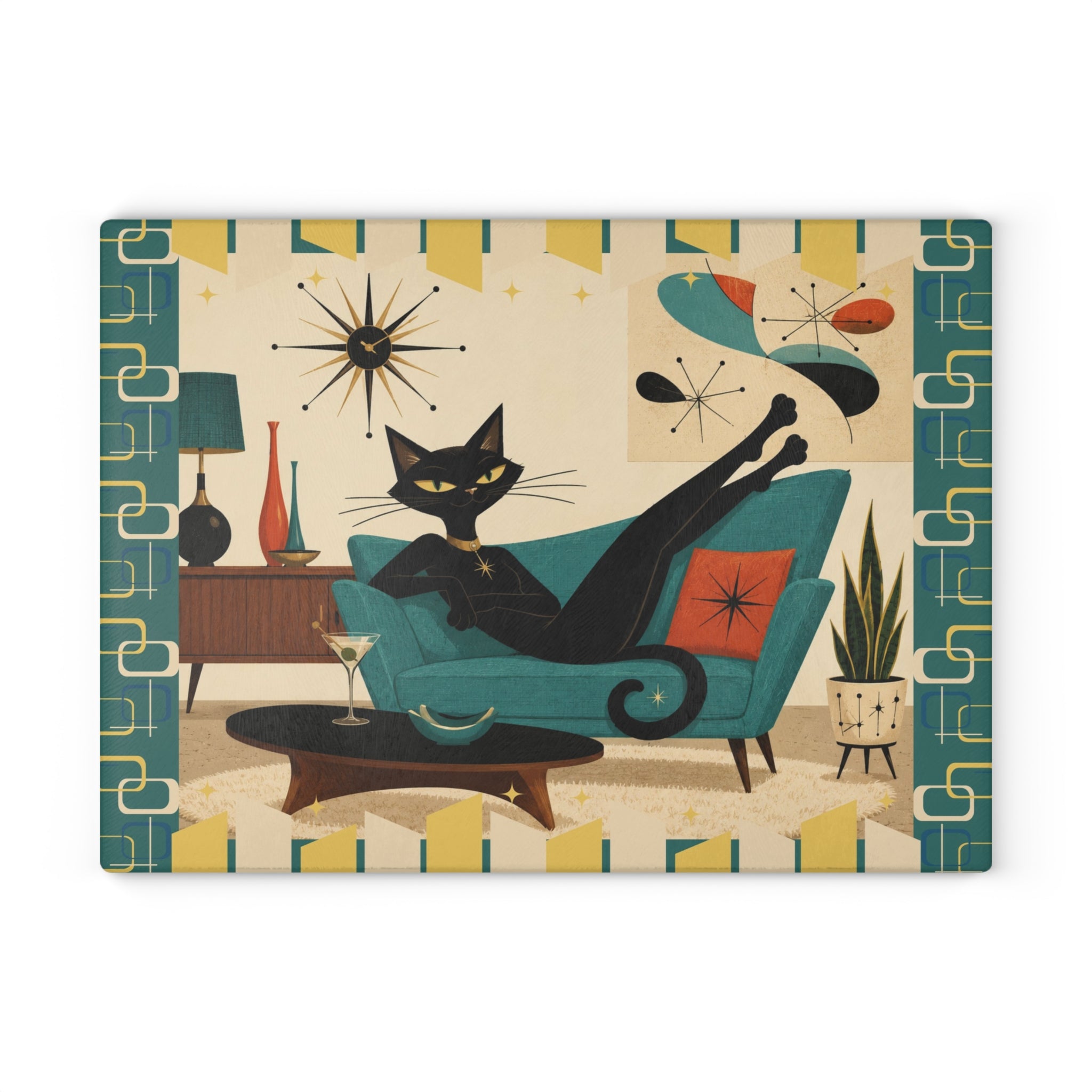 Mid Century Lounge Atomic Cat Glass Cutting Board | Retro Atomic Home Kitchen Decor