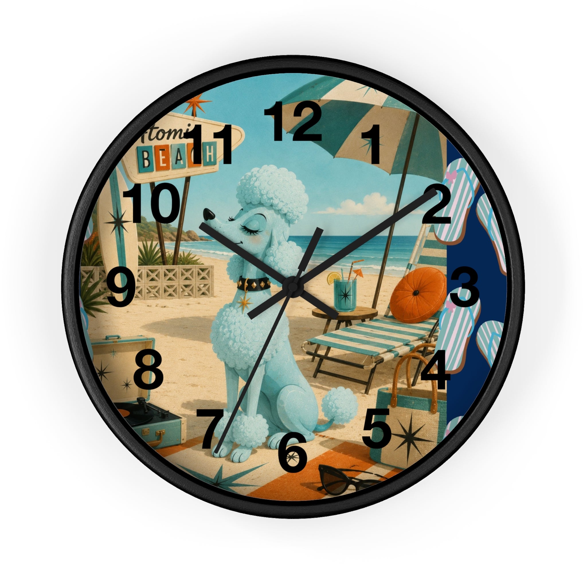 Retro Beach Poodle Wall Clock | Vintage Coastal Decor, Nautical Seaside Scene