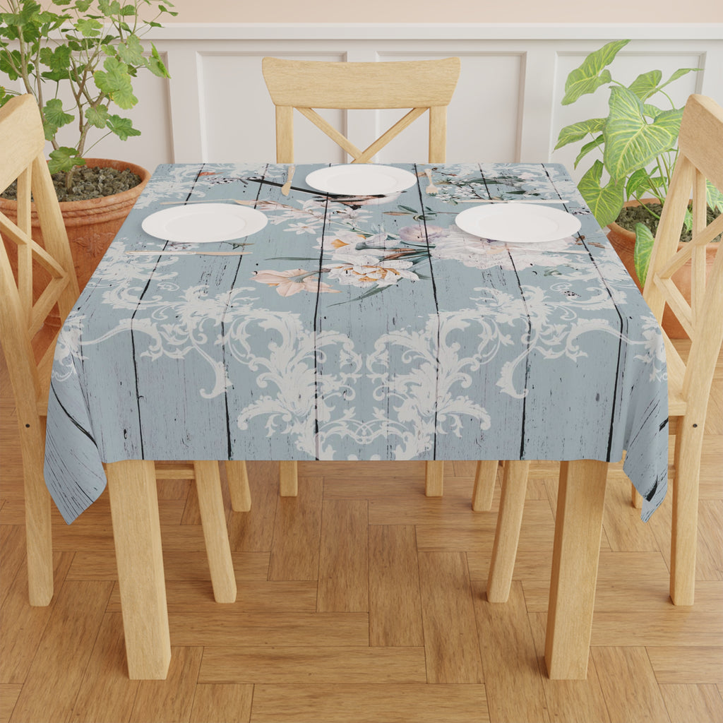 Rustic Floral Bird Tablecloth — Vintage Shiplap Blue Dining Cover