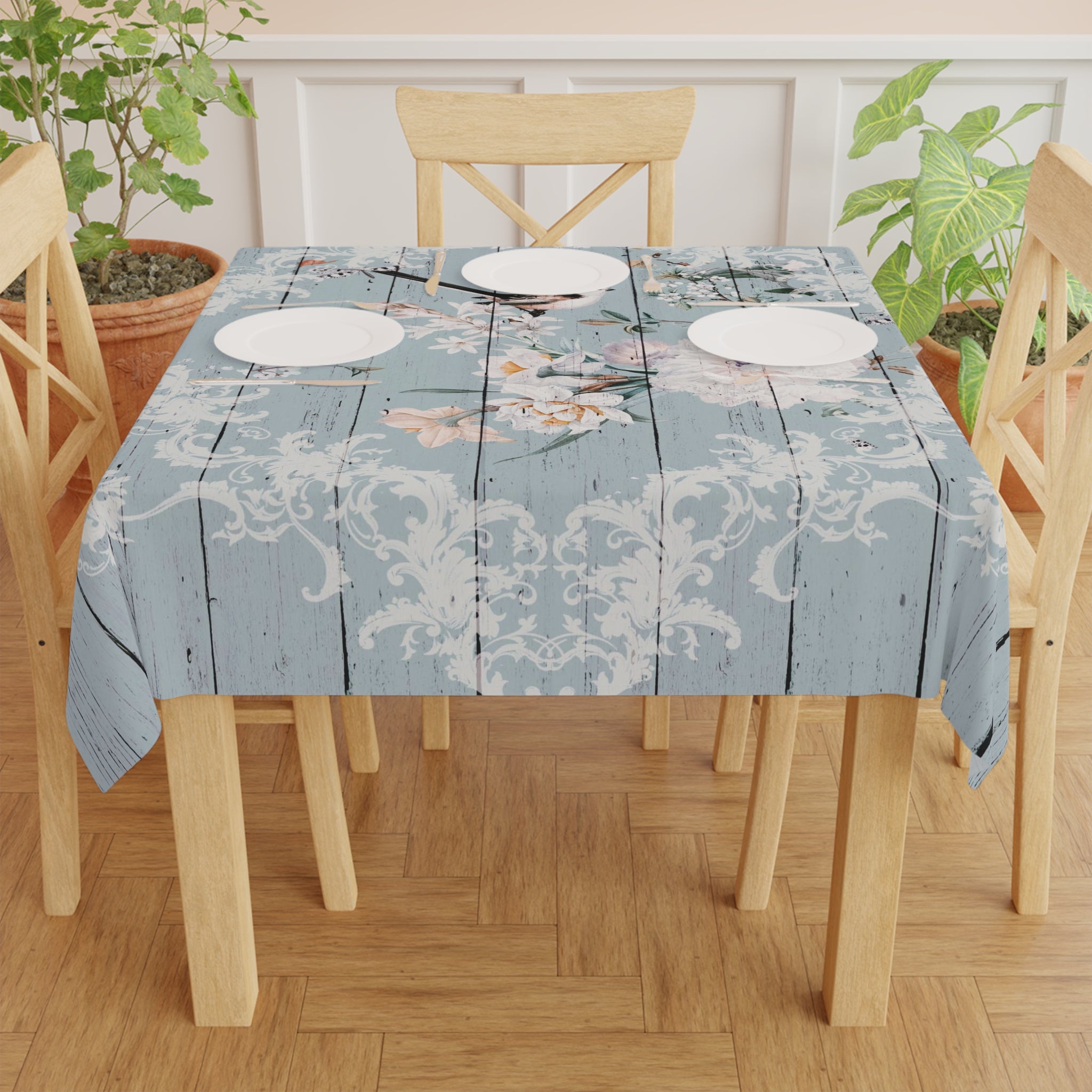 Rustic Floral Bird Tablecloth — Vintage Shiplap Blue Dining Cover