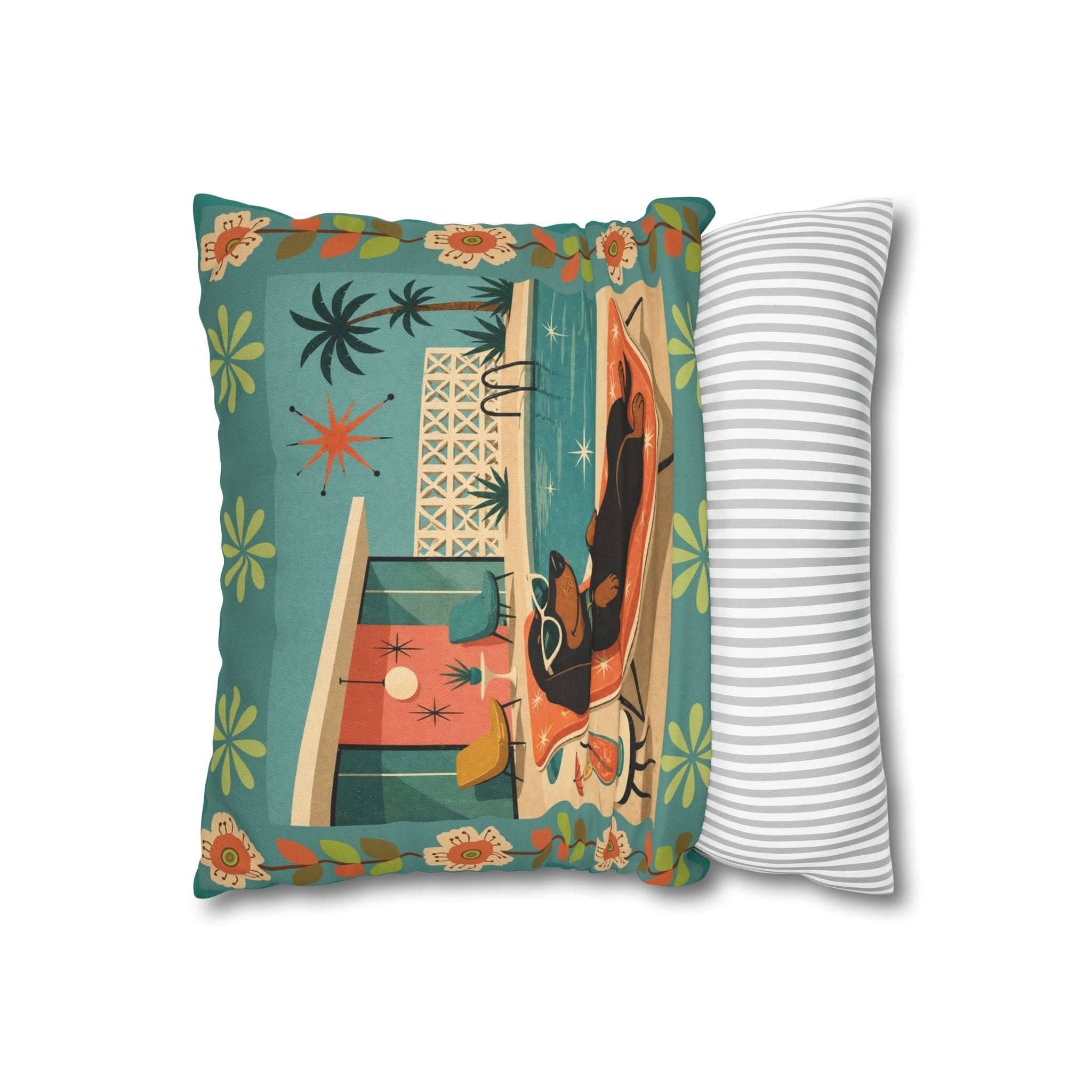 Retro Dachshund Pool Lounge Pillowcase | Square Pillowcase - COVER ONLY - Indoor Use