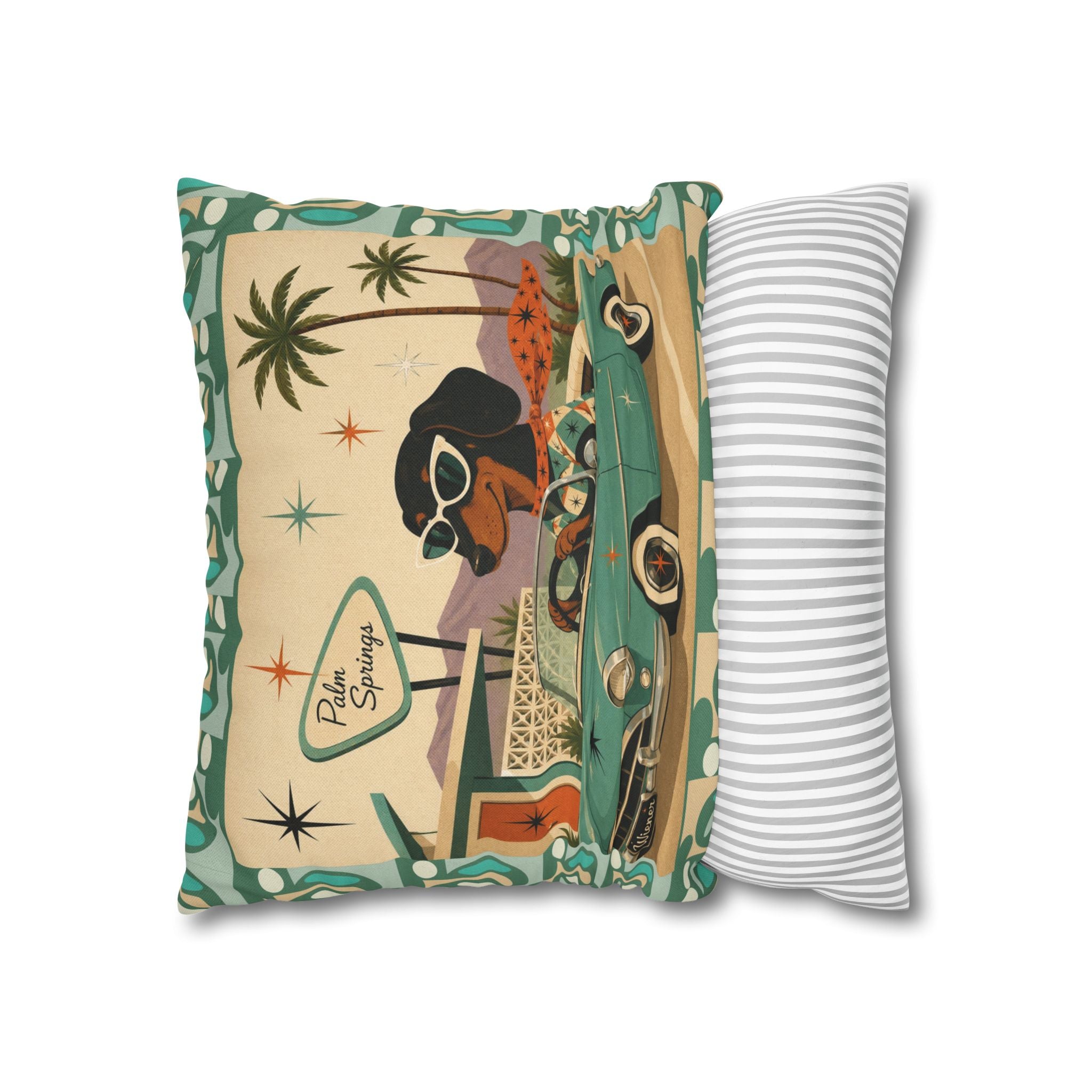 Retro Dachshund Driving Convertible Pillowcase | Palm Springs Vintage Car - COVER ONLY