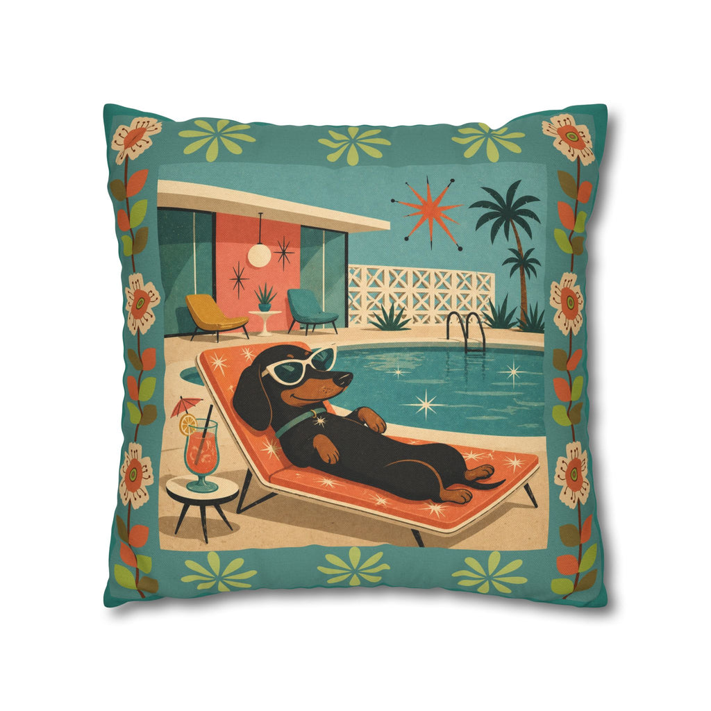 Retro Dachshund Pool Lounge Pillowcase | Square Pillowcase - COVER ONLY - Indoor Use