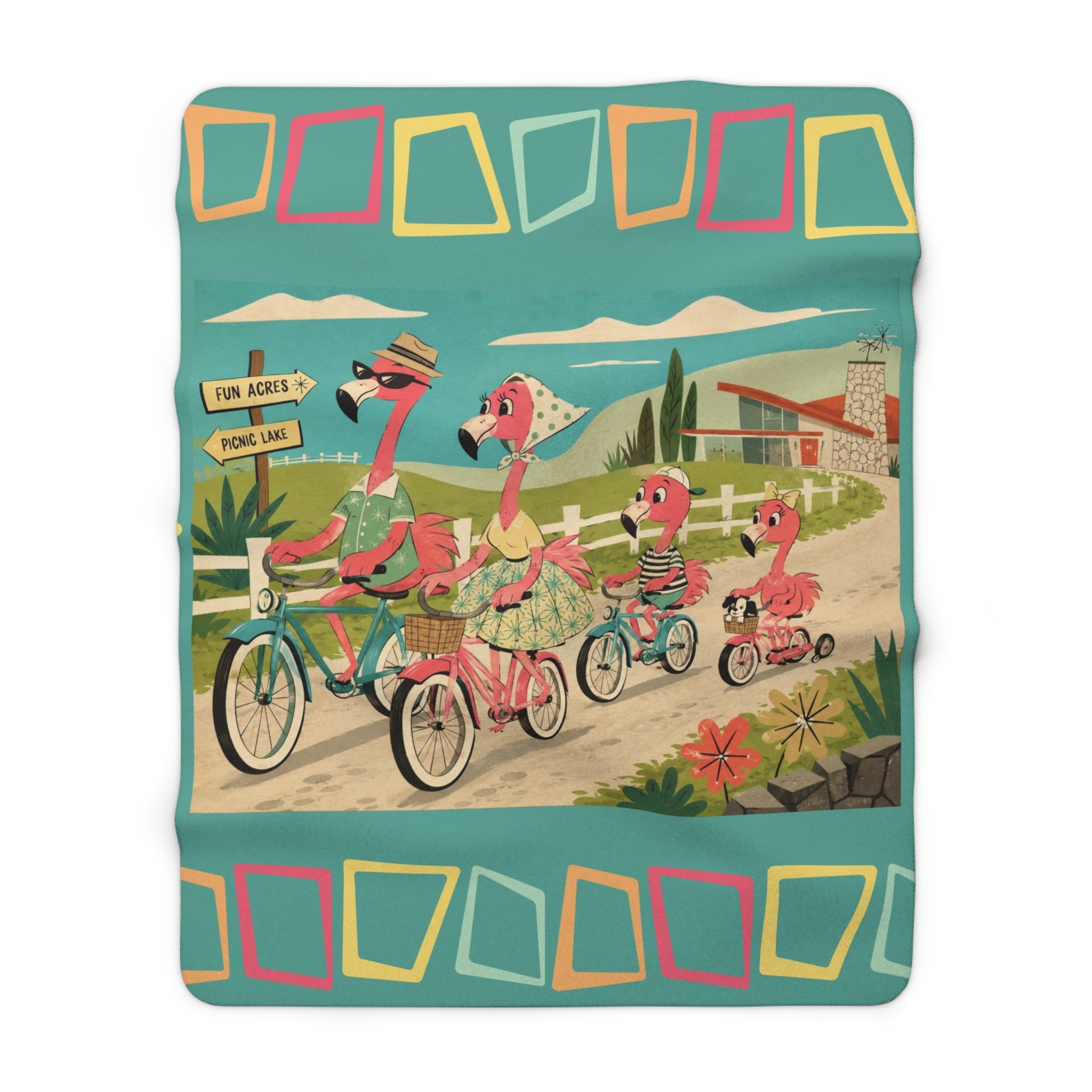 Retro Flamingo Family Bike Ride Sherpa Fleece Blanket | Vintage Tropical