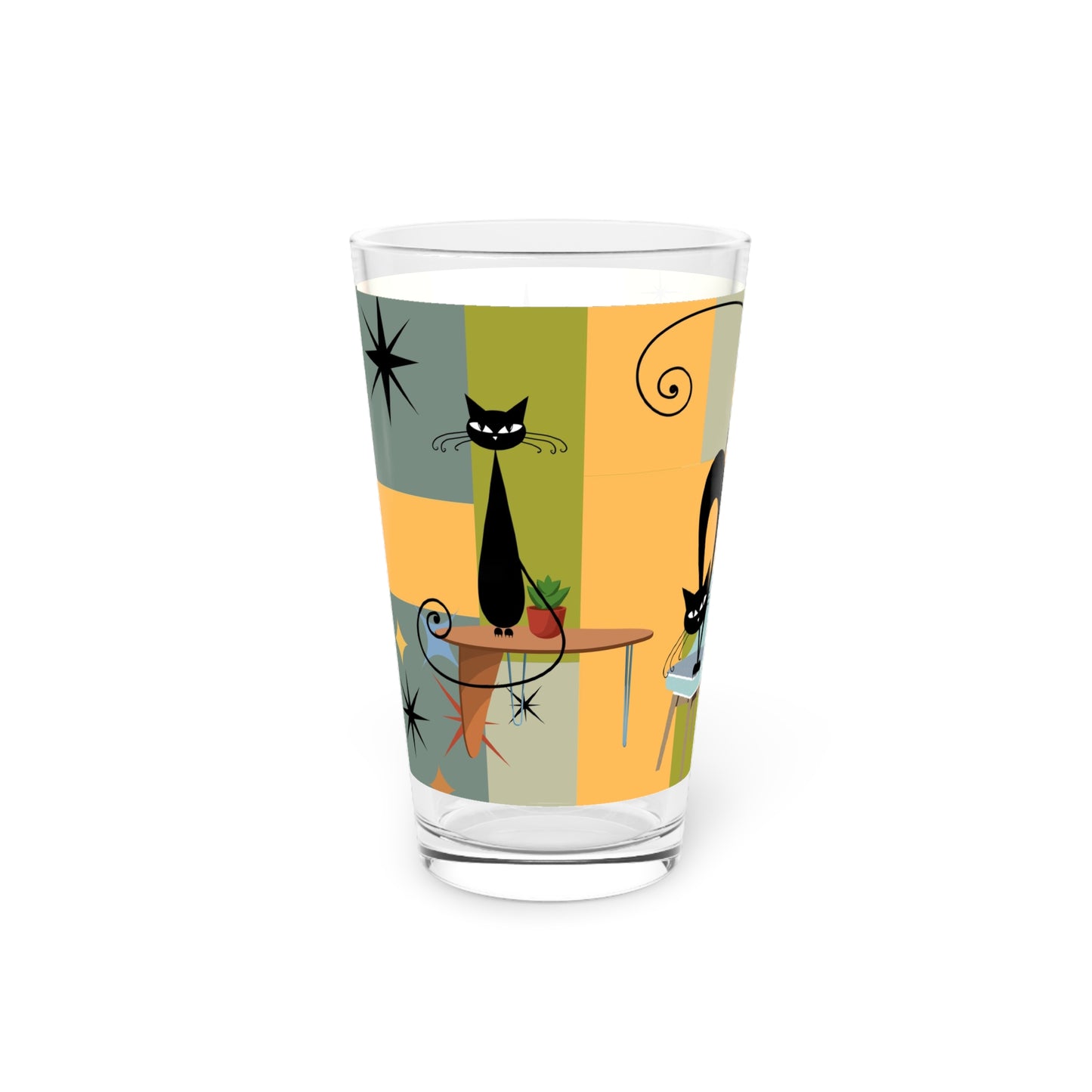 Atomic cat retro Pint Glass, 16oz, MCM barware, retro party glasses, cosmic cat, black cat lover gift