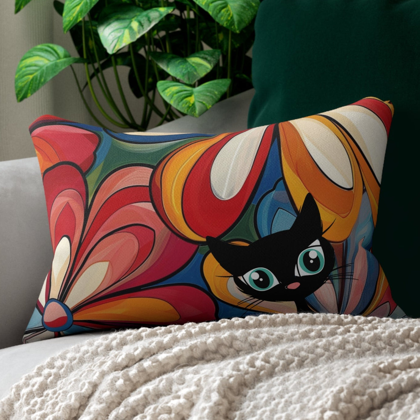Atomic cat colorful floral art Spun Polyester Lumbar Pillow, retro inspired, flower power cushion, bedroom living room, black cat lover gift
