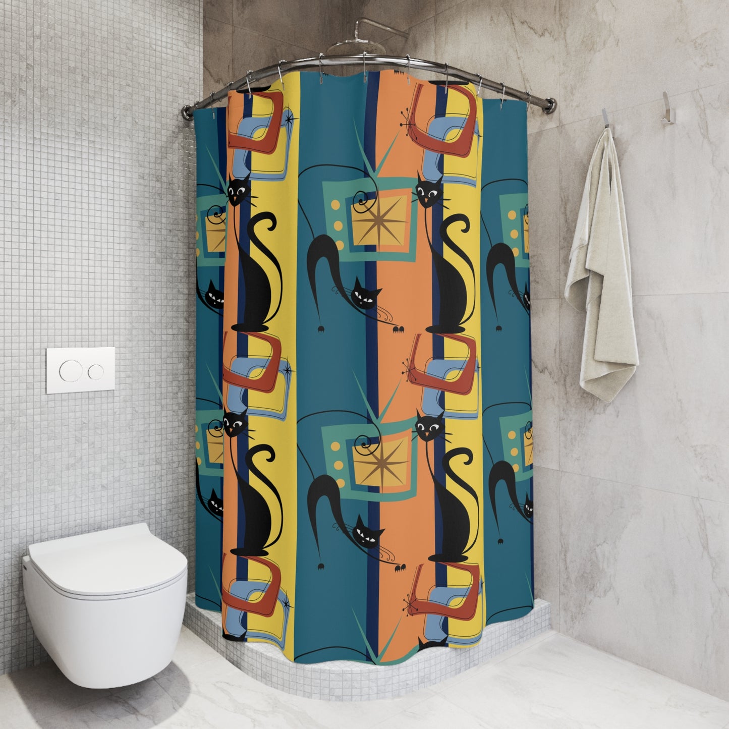 Mid Century Modern Atomic cat art Shower Curtain, MCM bathroom, colorful, retro inspired, bathtub stall shower curtain